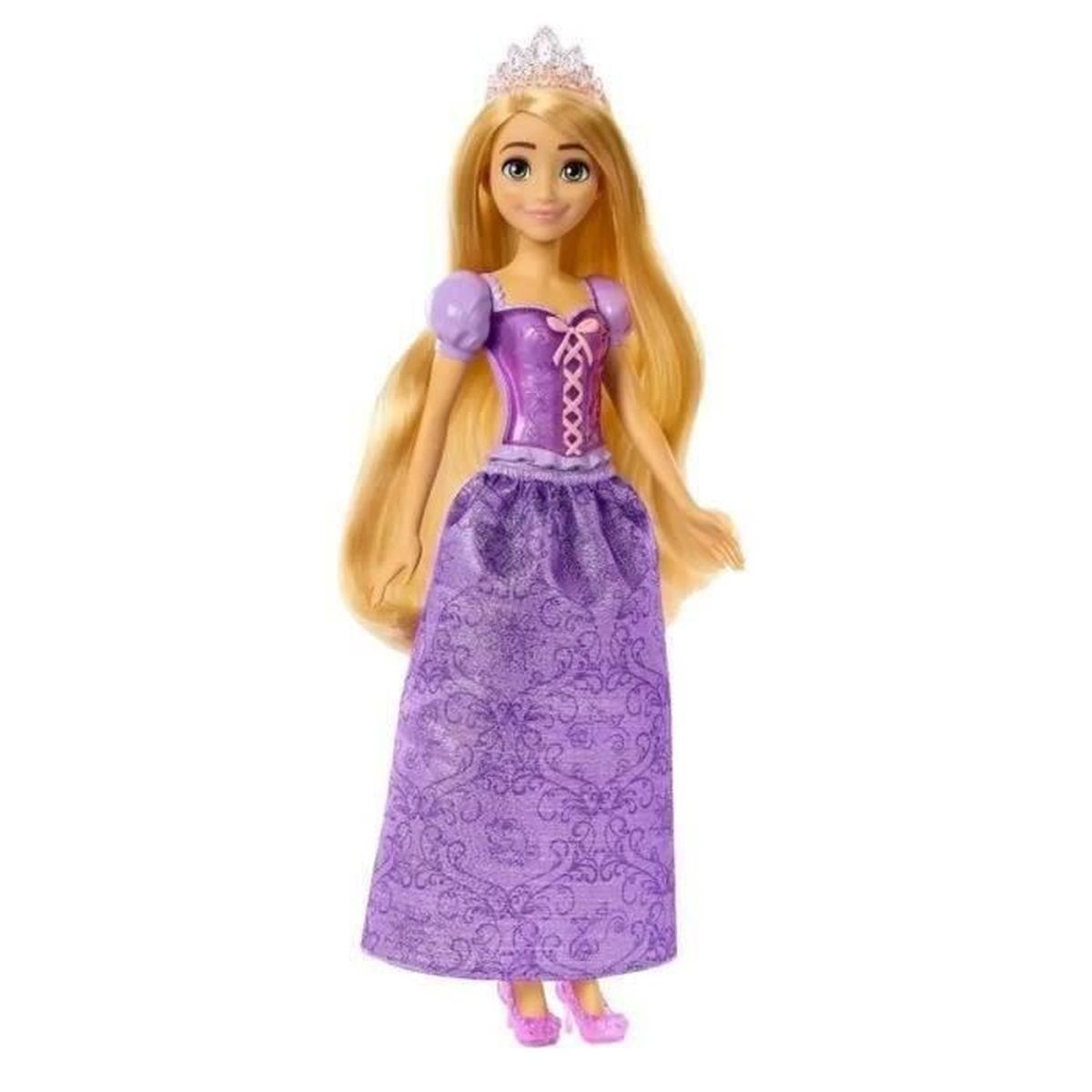 Rapunzel-Puppe mit langen blonden Haaren, lila Kleid und Tiara.