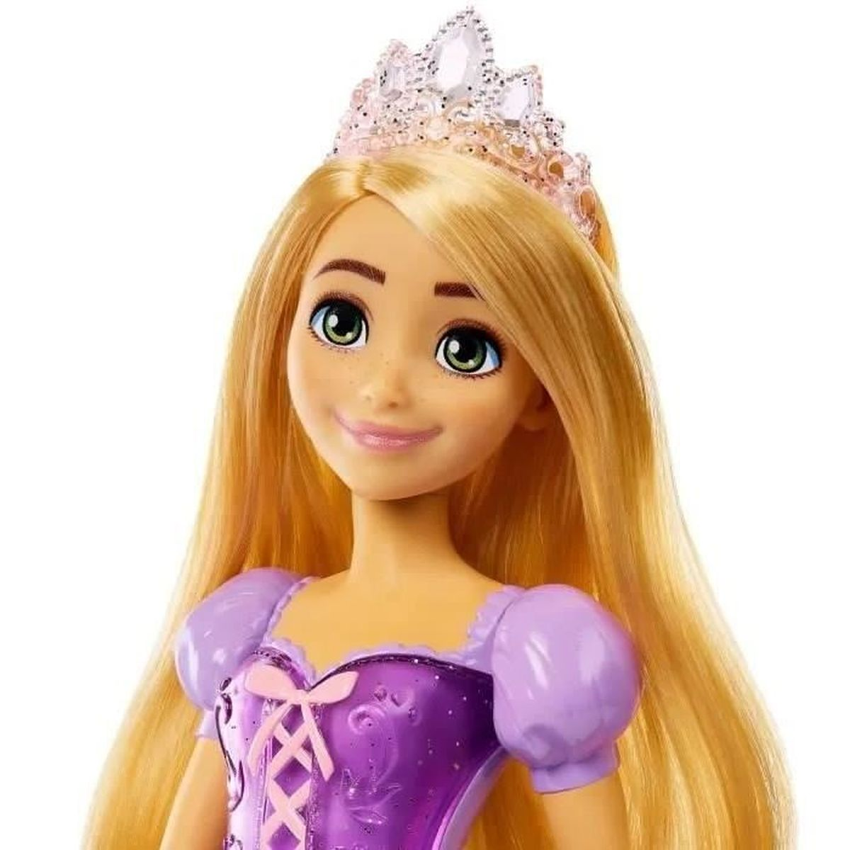 Eine Puppe mit langen blonden Haaren, einer Tiara und einem lila Kleid.