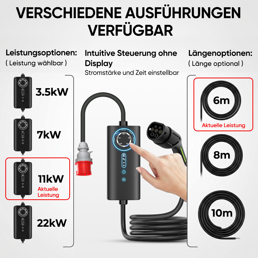 Obraz przedstawia opcje ładowania EV: 3.5-22kW, intuicyjne sterowanie i długości kabli 6-10m.