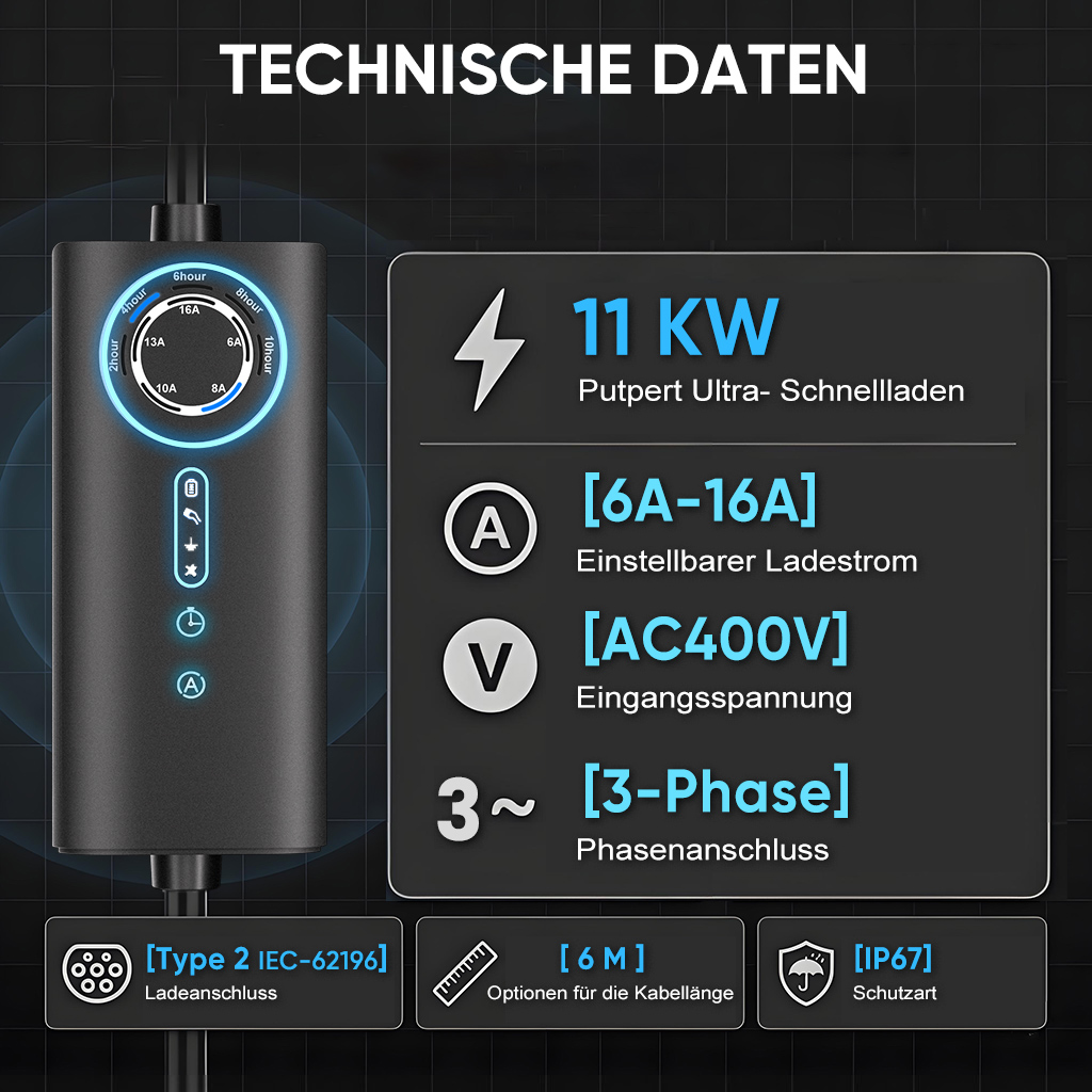 Dane techniczne czarnego kabla ładującego z wyświetlaczem i symbolami mocy.
