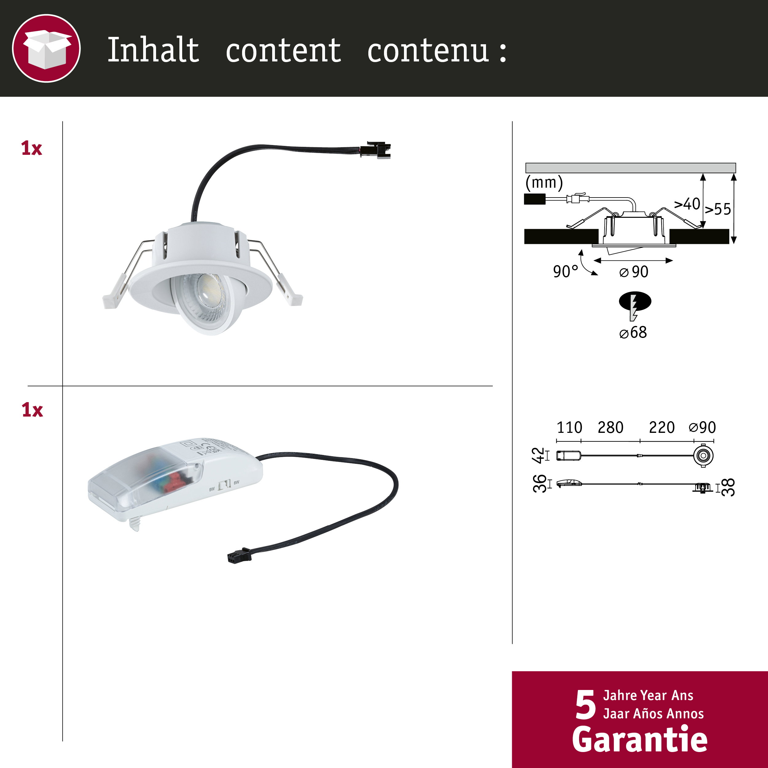Lampa wpuszczana z driverem i wymiarami. Zawiera 5 lat gwarancji.