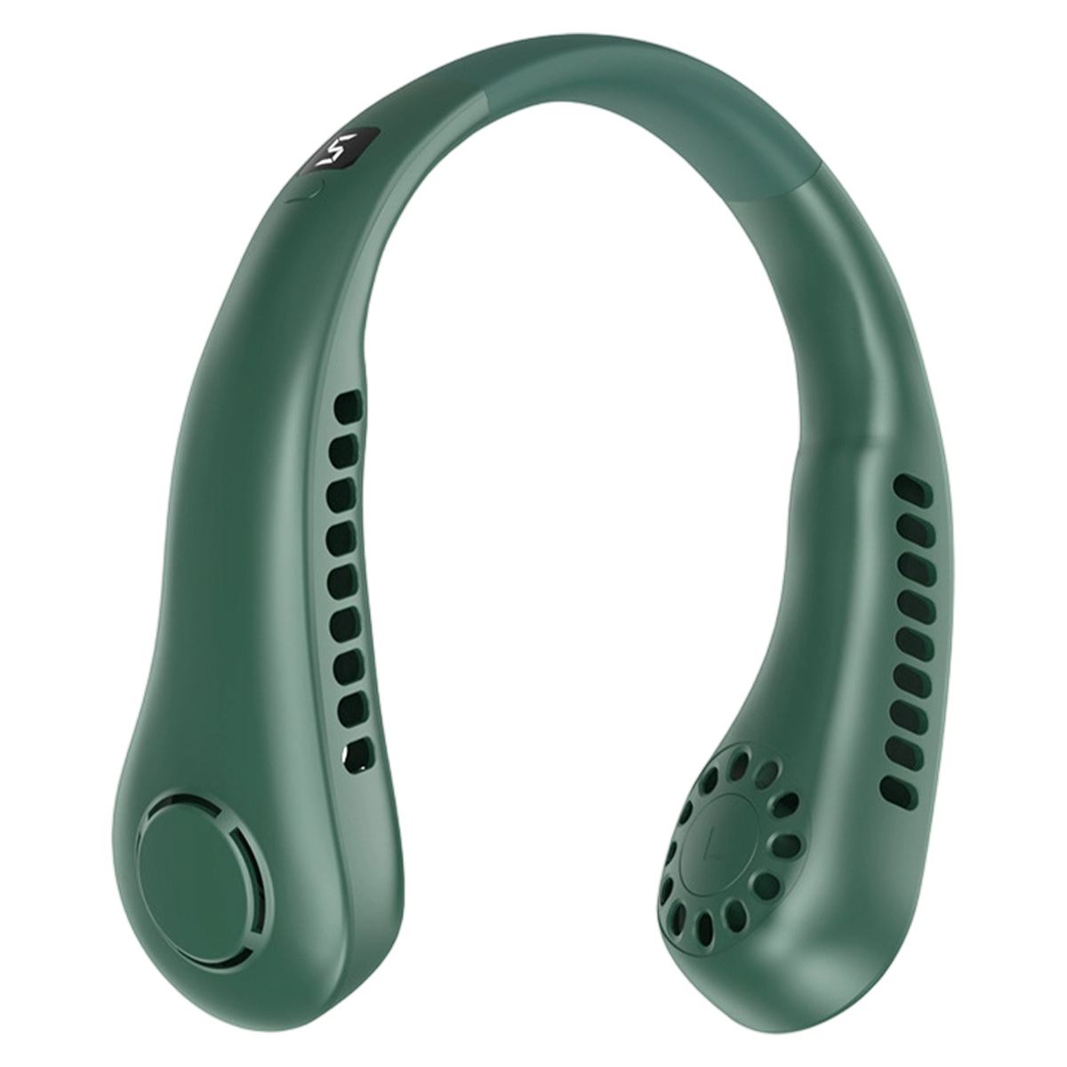 Ein grüner Nackenventilator mit Lüftungsschlitzen und einem digitalen Display.