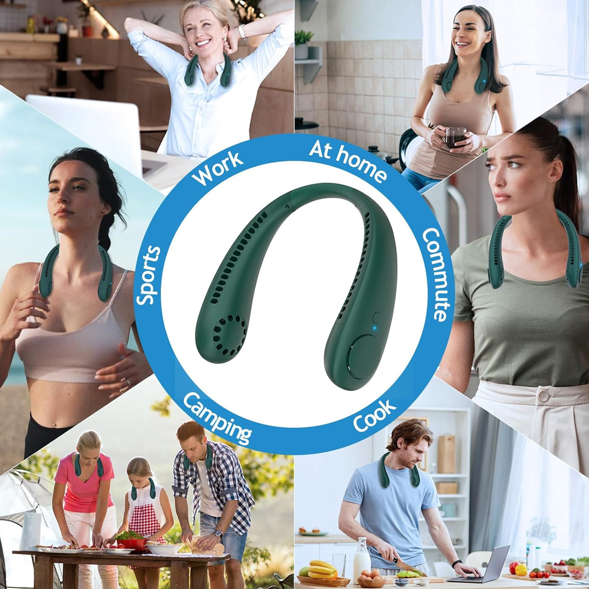 Tragbarer Nackenfächer in 6 Szenarien: Arbeit, Zuhause, Pendeln, Sport, Camping, Kochen.