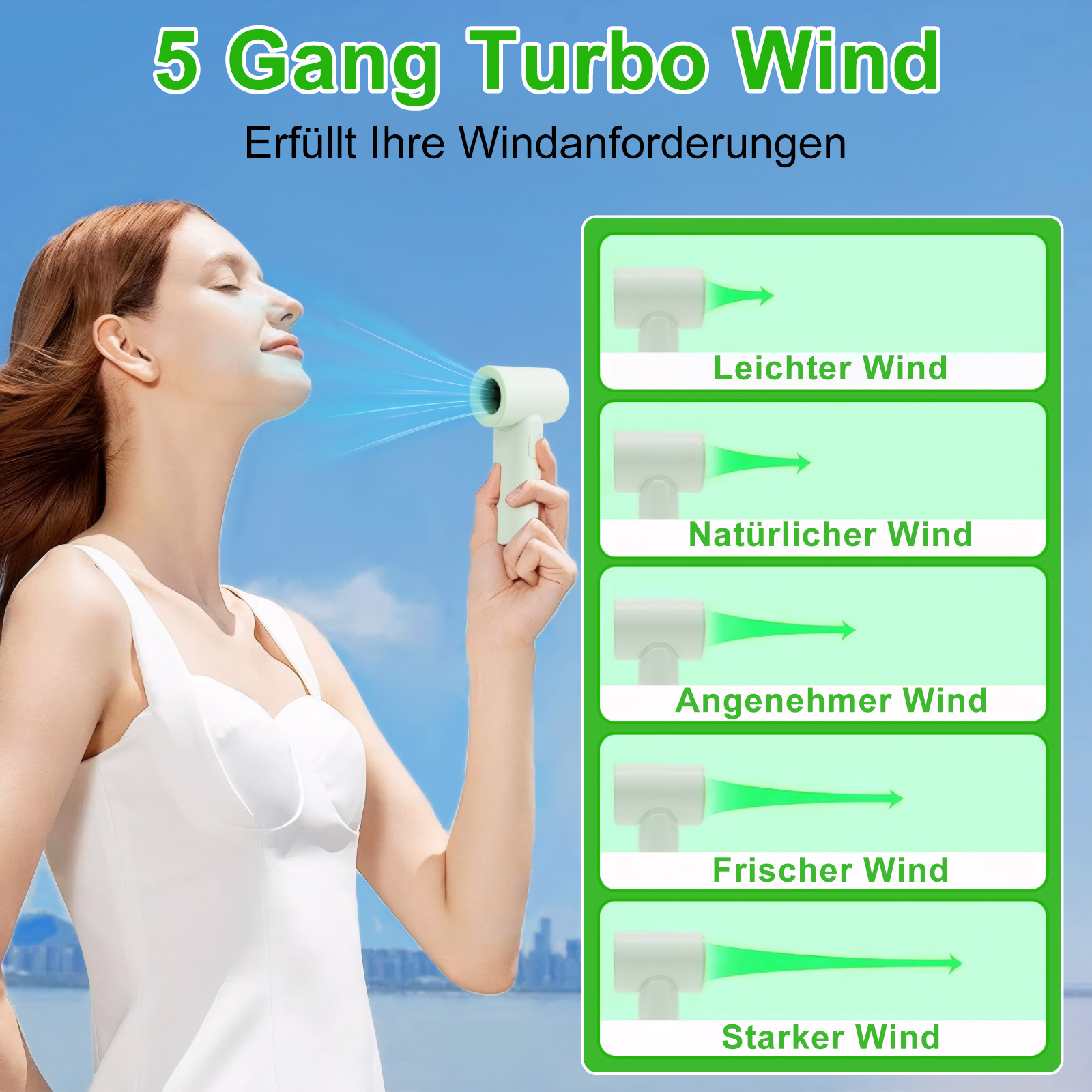Frau mit tragbarem Ventilator, der 5 Windstärken zeigt: Leicht, Natürlich, Angenehm, Frisch, Stark.