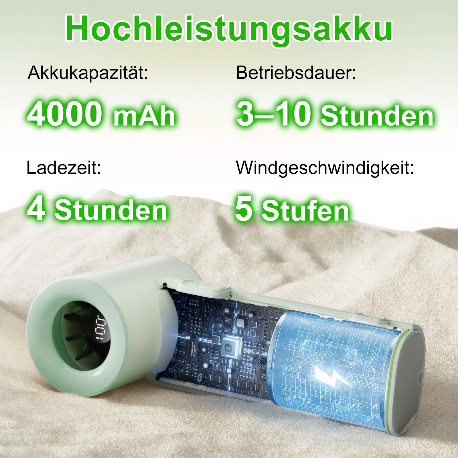 Hochleistungsakku mit 4000 mAh, Ladezeit 4h, Laufzeit 3-10h, 5 Stufen.