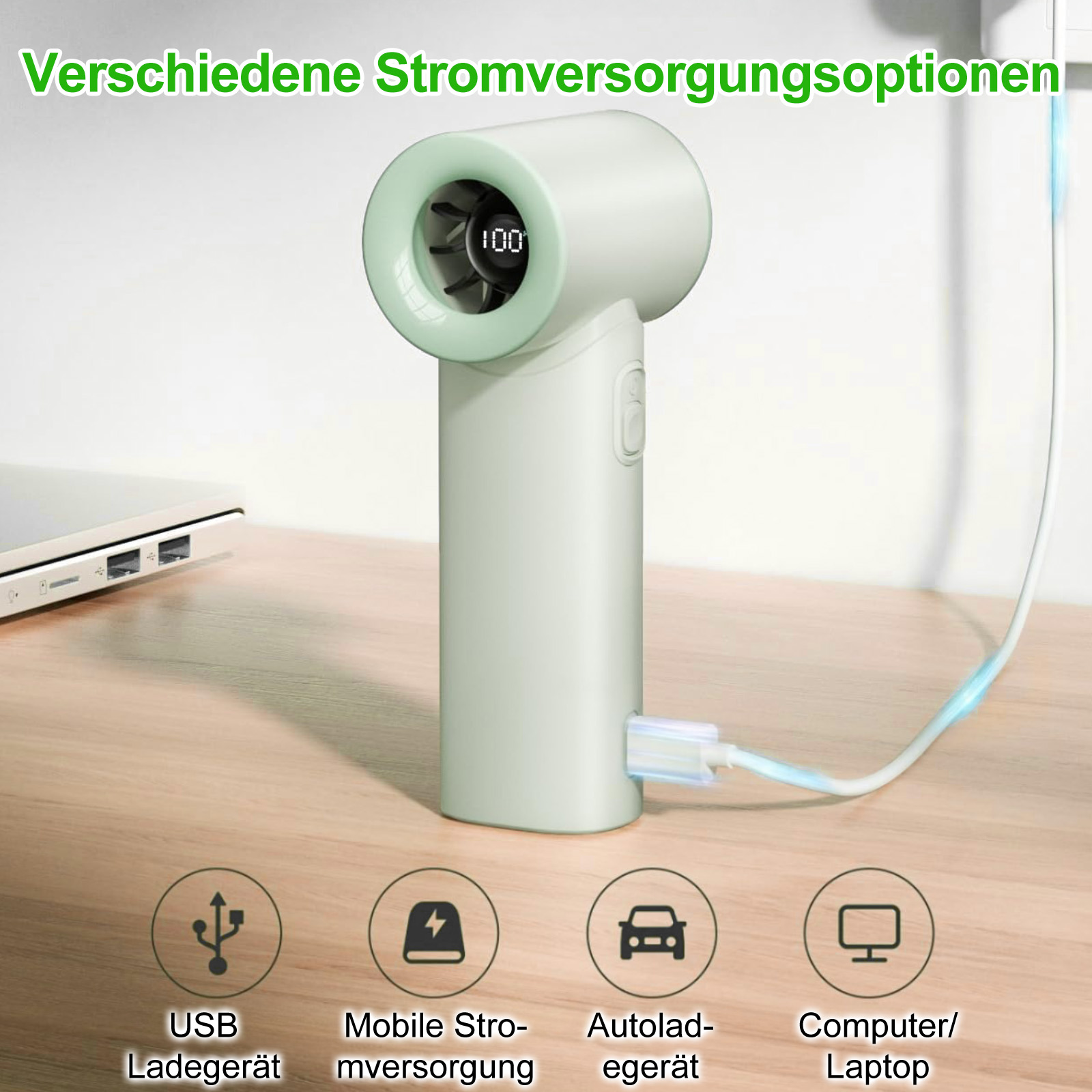 Ein hellgrüner Lüfter wird über USB an einen Laptop und eine Stromquelle angeschlossen.