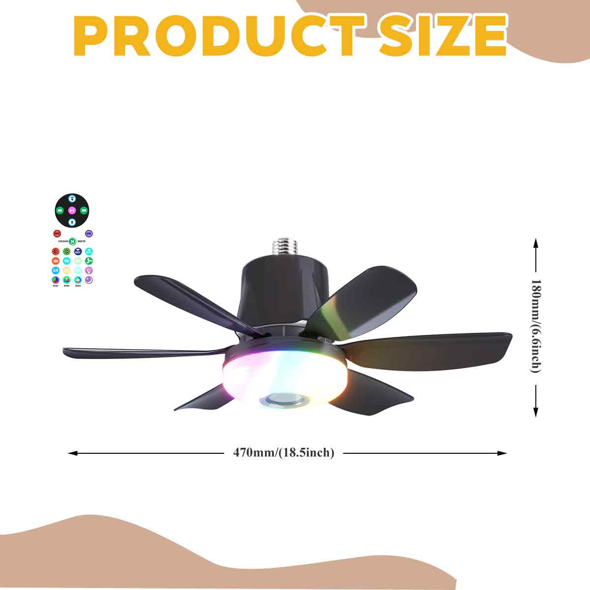 Schwarzer Deckenventilator mit buntem Licht und Fernbedienung. Maße: 470mm x 180mm.