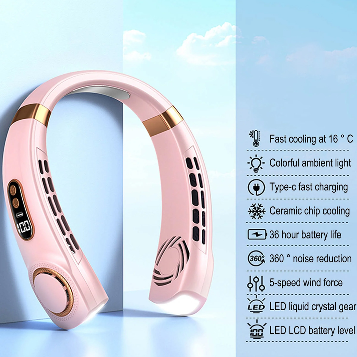 Ein rosa Nackenventilator mit digitalen Anzeigen und Funktionen.