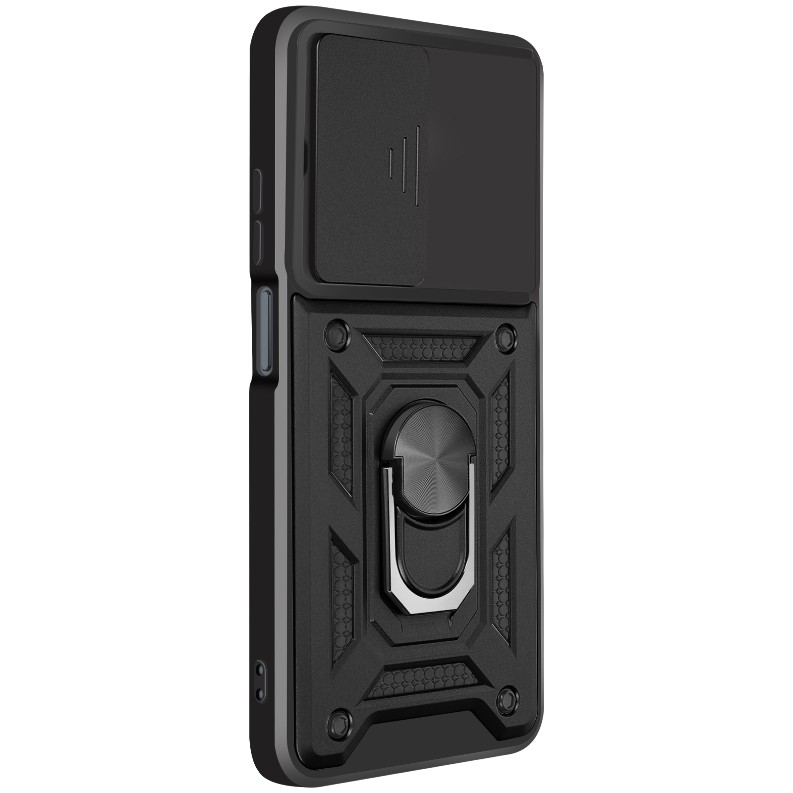 Schwarze Handyhülle mit Ringhalterung und Schiebefach für die Kamera.