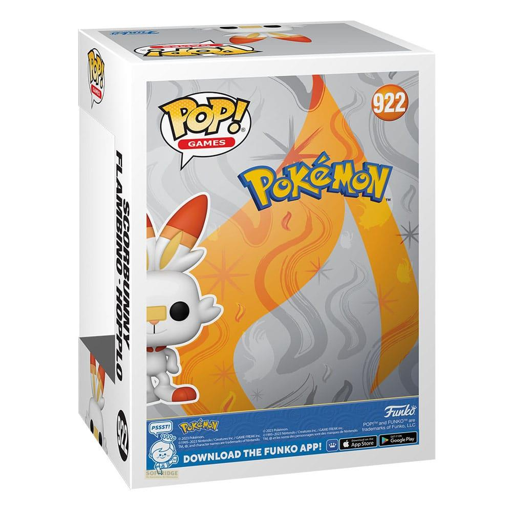 Pudełko Funko Pop Scorbunny, biały Pokémon z pomarańczowymi uszami, na szarym tle z akcentami ognia.