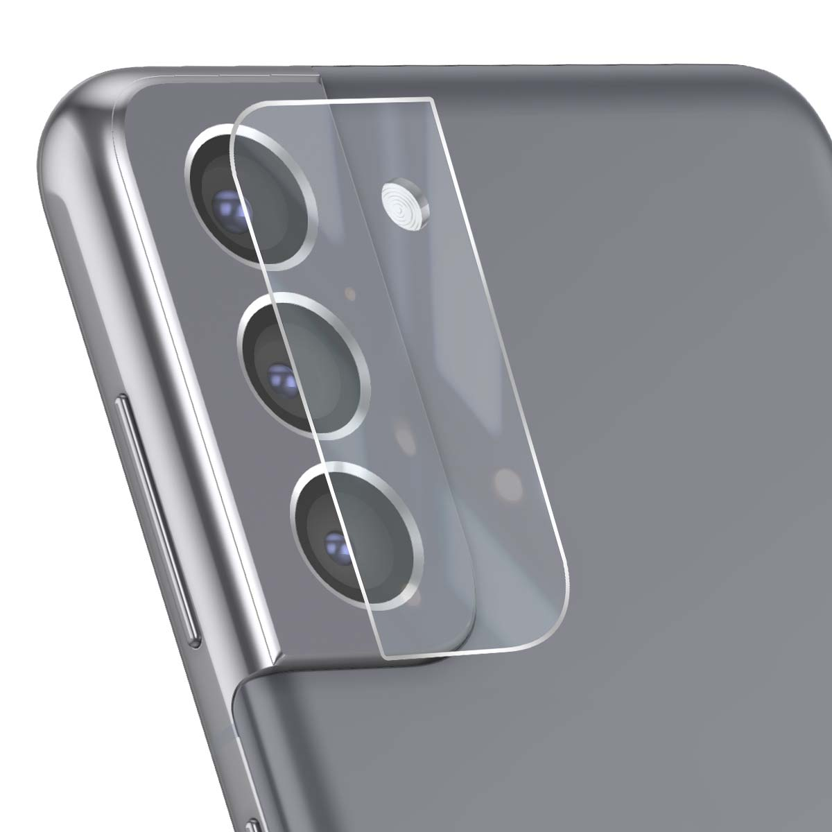 Een transparante screenprotector bedekt de drie camera's en flitser van een grijze smartphone.