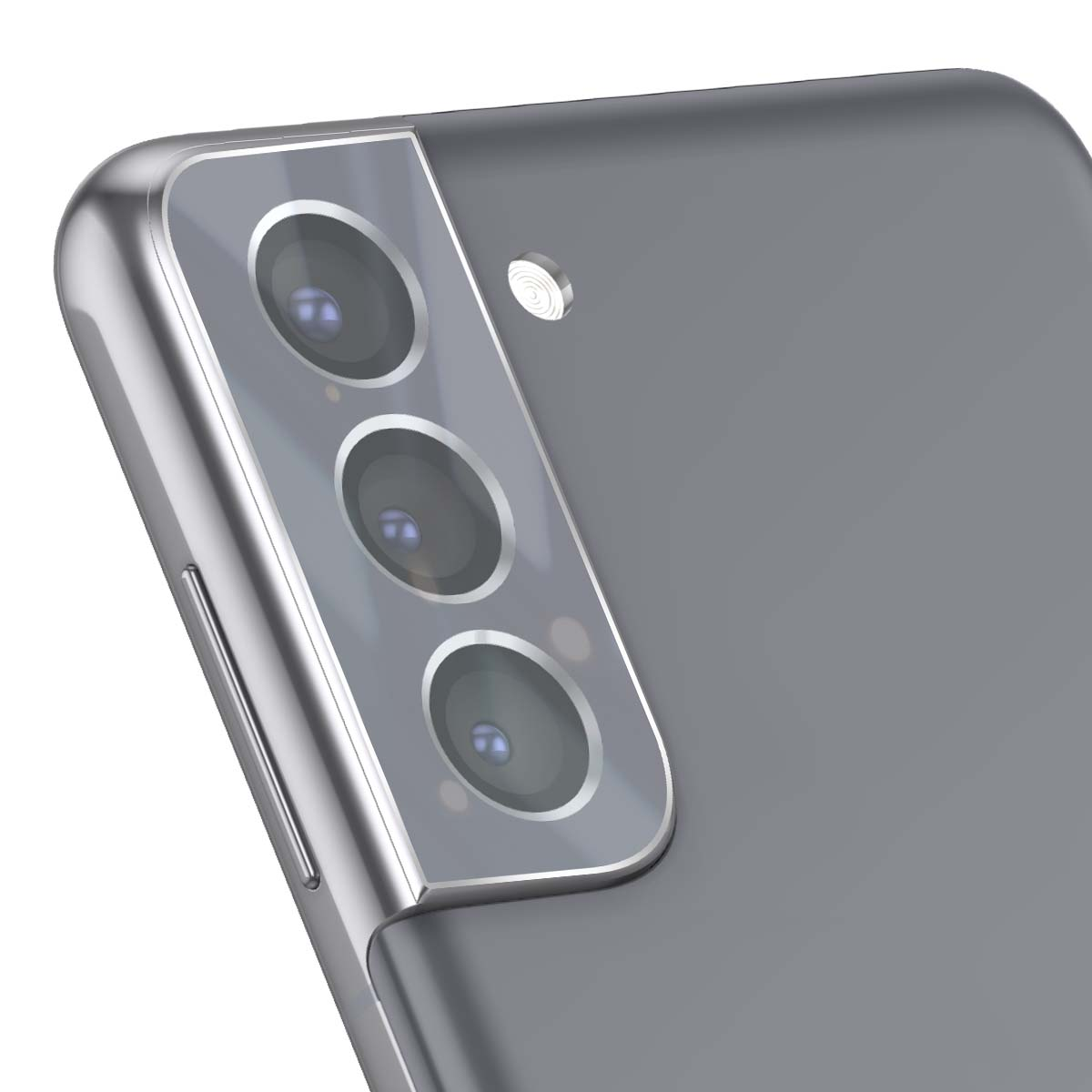 Close-up van de achterkant van een grijze smartphone met drie cameralenzen en een flitser.