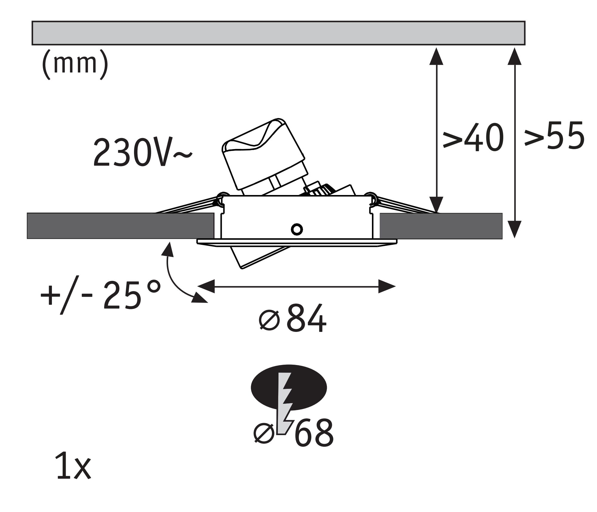 Rysunek techniczny: Lampa wpuszczana, 230V, średnica 84mm, kąt +/- 25°.