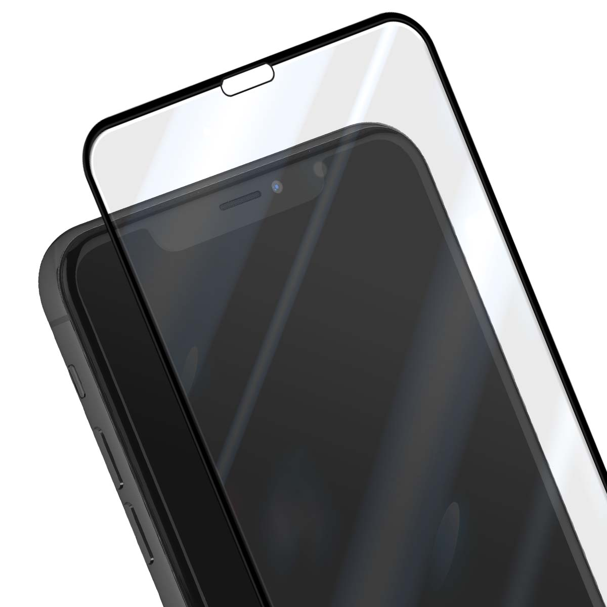 Una pellicola protettiva trasparente su uno smartphone nero con tacca superiore.