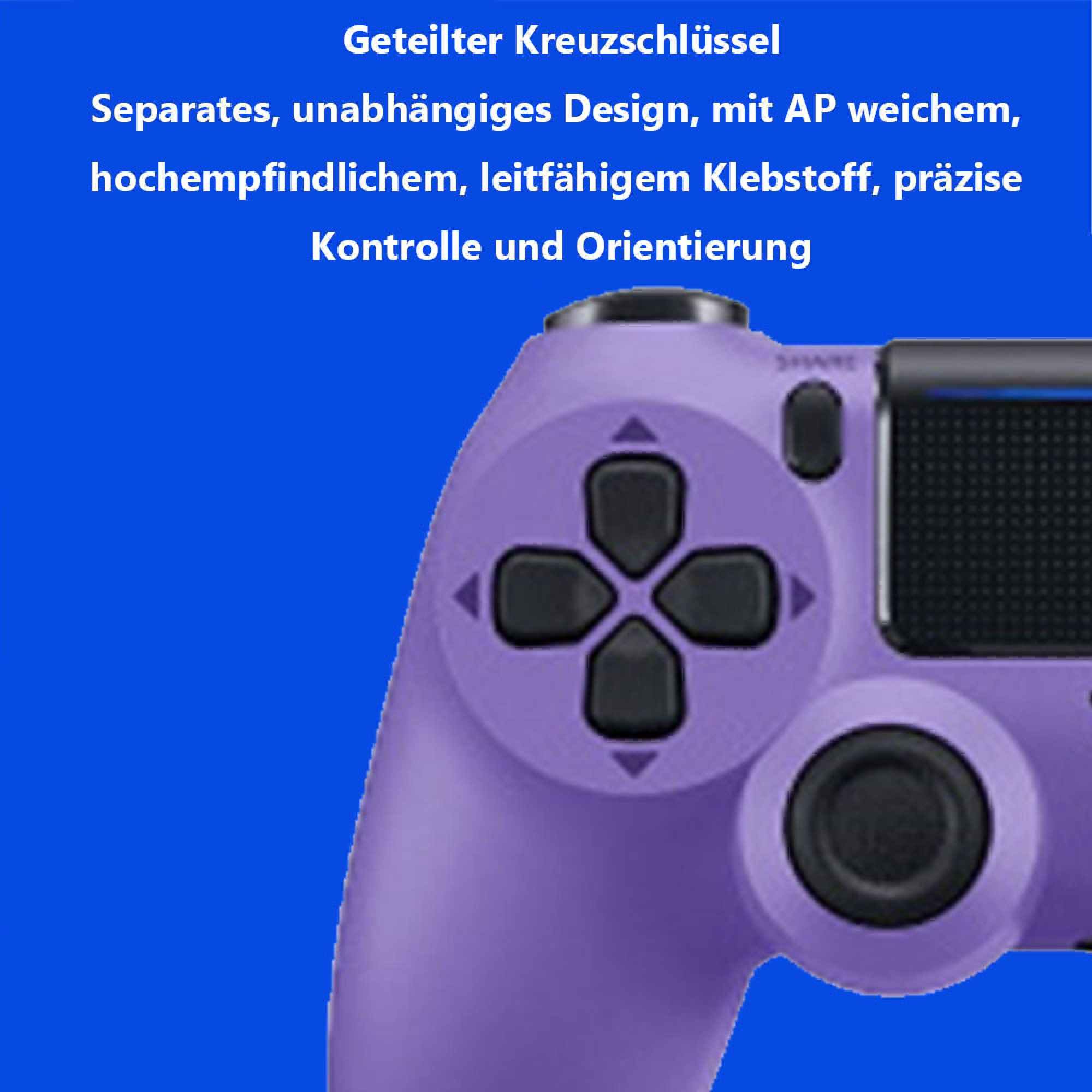 Lila Controller mit geteiltem Steuerkreuz und Text.
