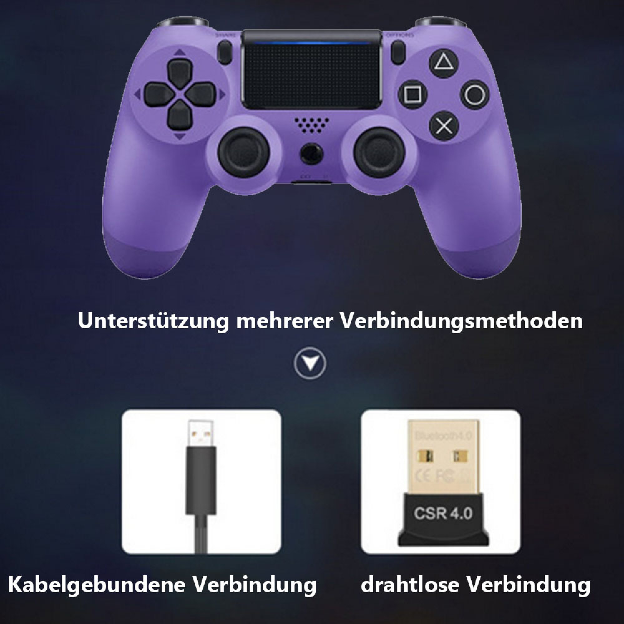 Lila Controller mit Kabel- und Funkverbindung-Zubehör.