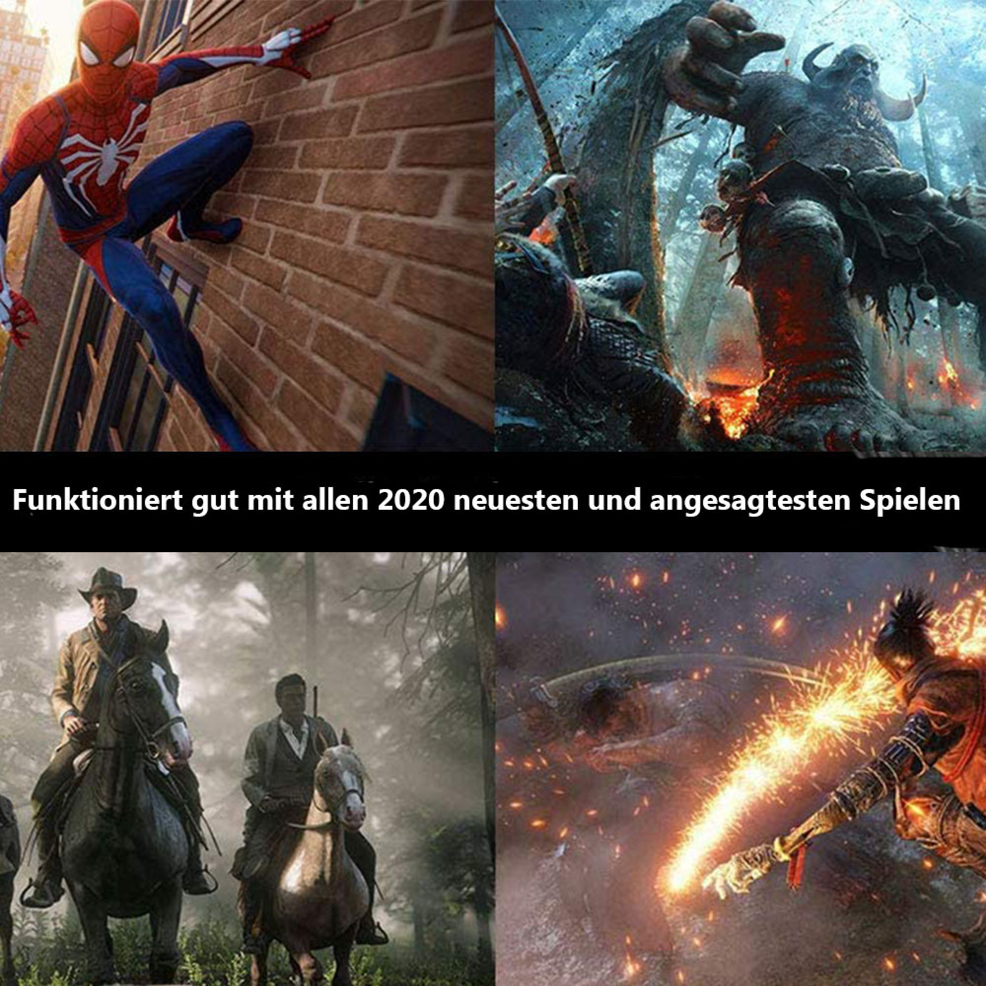 Vier Spiele: Spiderman, Gott des Krieges, Red Dead Redemption 2, Sekiro.