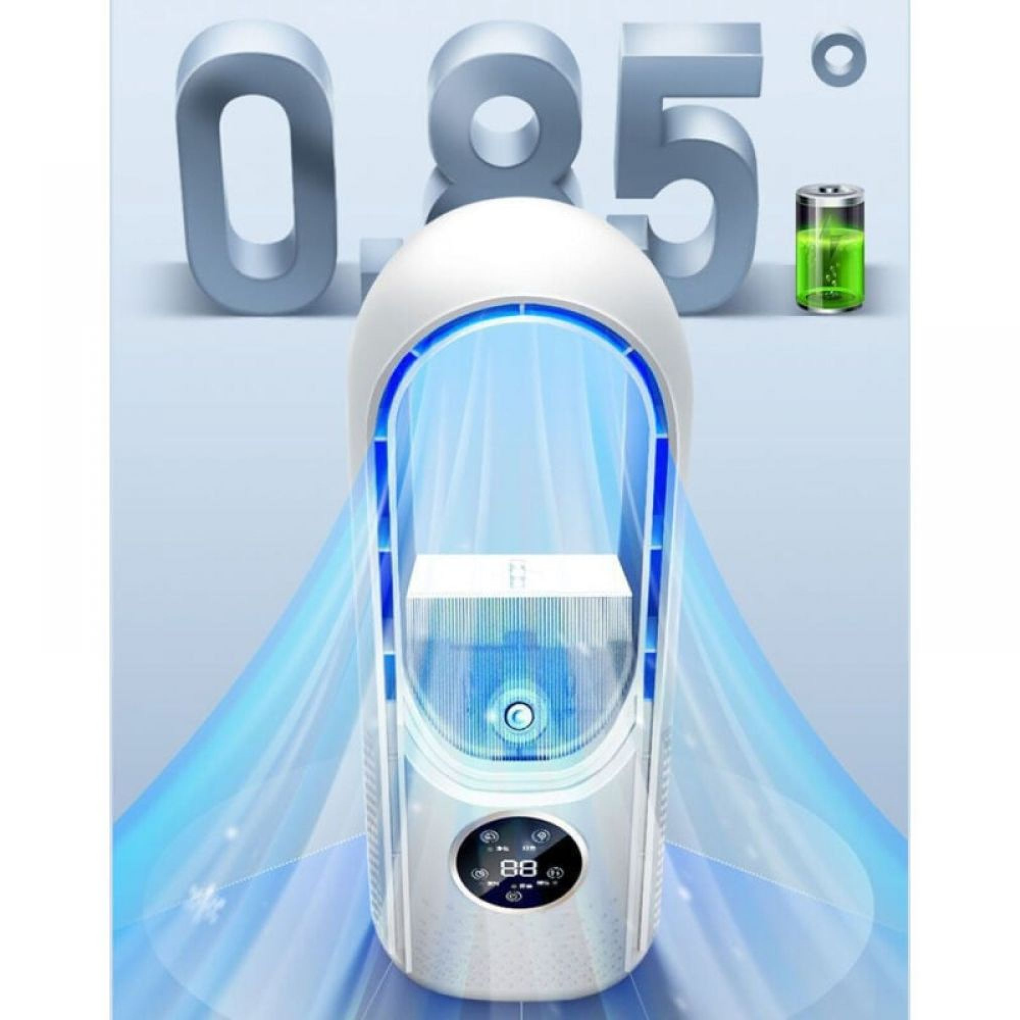 Ein weißer Turmventilator mit blauen Lichtakzenten und einem digitalen Display.