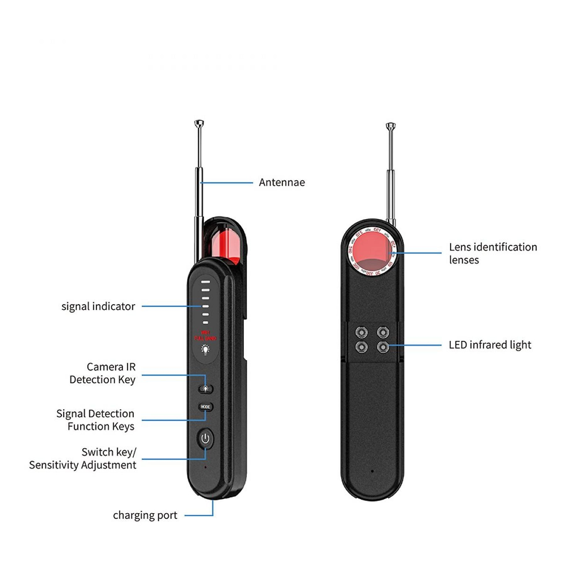 Ein Detektor mit Antenne, Signalindikator, Linsen und Tasten.