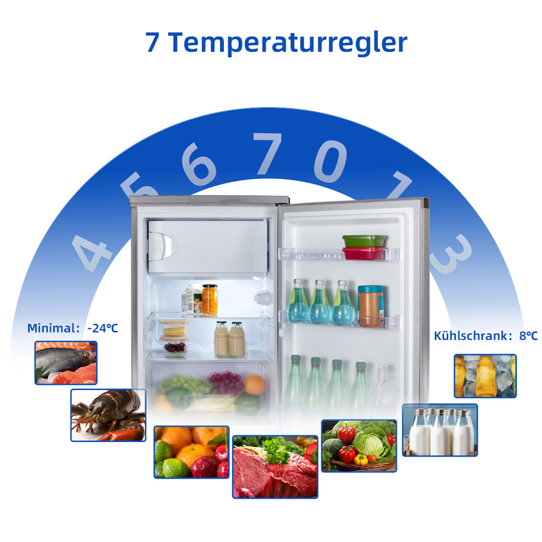 Ein Kühlschrank mit Lebensmitteln, Temperaturregler und Eiswürfeln.