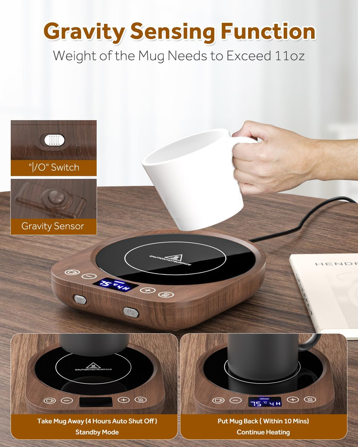 Holzfarbene Heizplatte mit Tasse, Schalter und Sensor im Detail.