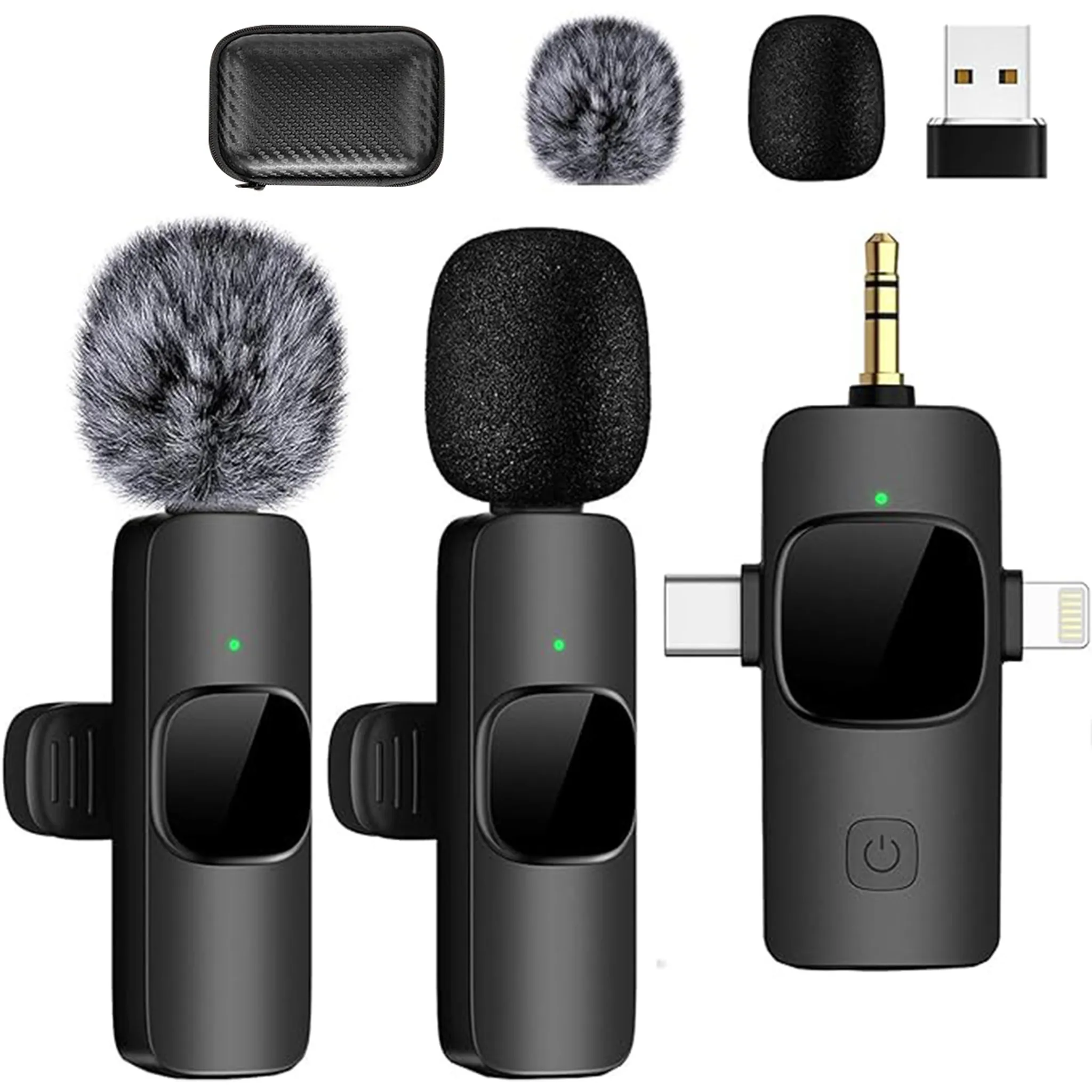 Drei schwarze Mikrofone mit Fellwindschutz, ein Ladeetui und ein USB-Empfänger.