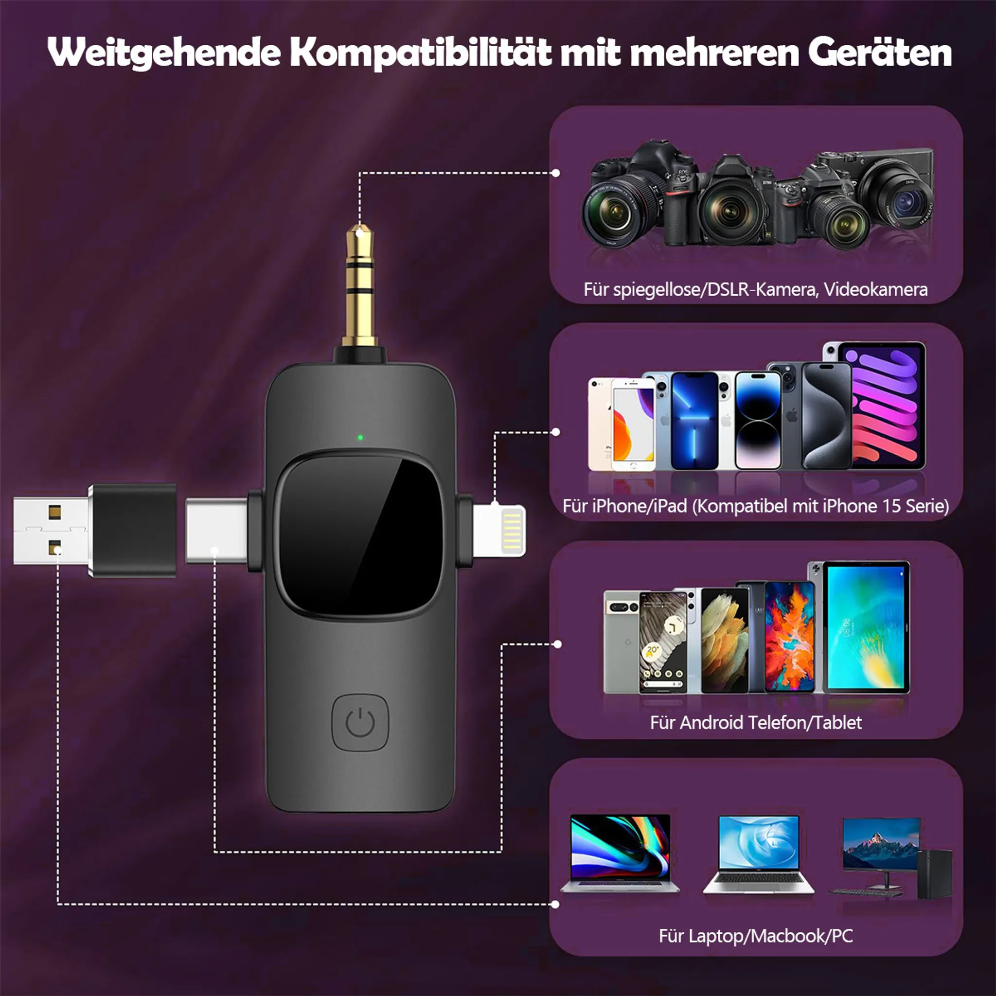 Geräteadapter verbindet Kameras, iPhones, Android-Telefone und Laptops. Vielseitige Kompatibilität.