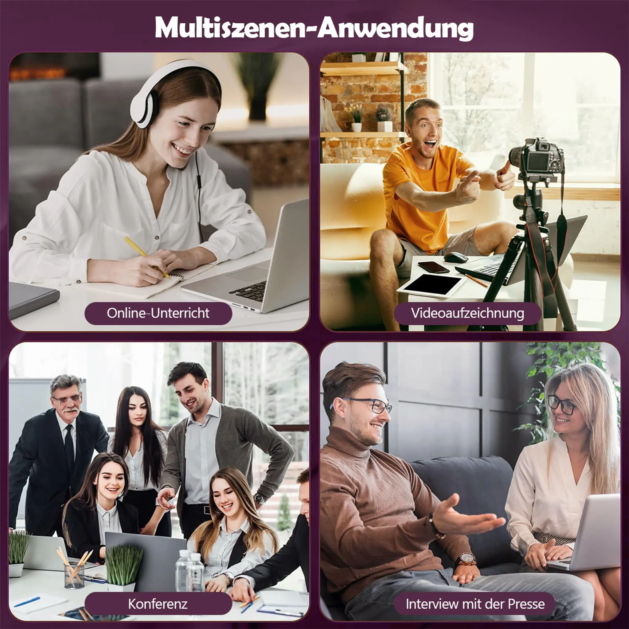 Vier Szenen: Online-Unterricht, Videoaufnahme, Konferenz und Presseinterview.