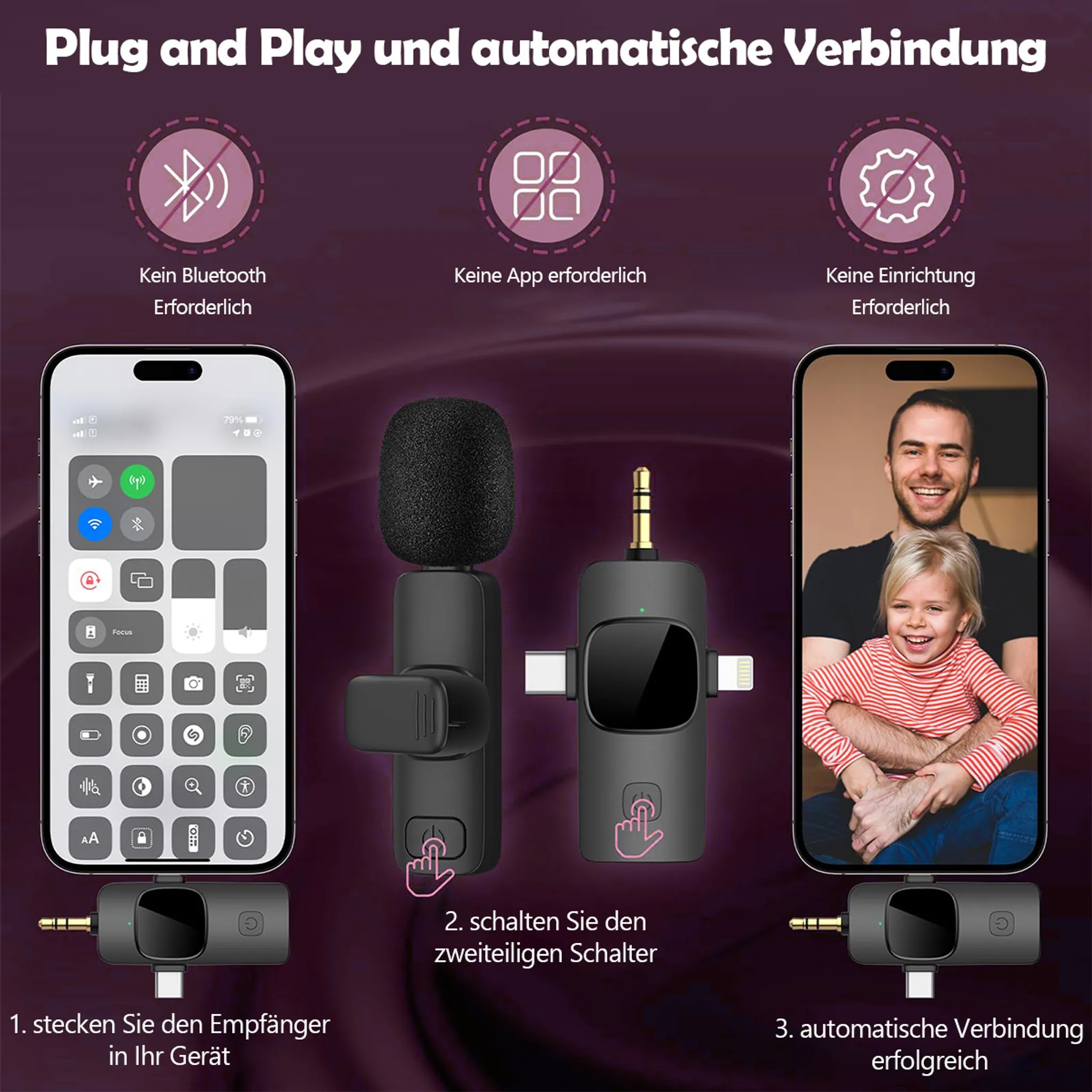 Illustration zeigt Einrichtung eines Mikrofons. Kein Bluetooth, App oder Einrichtung nötig.