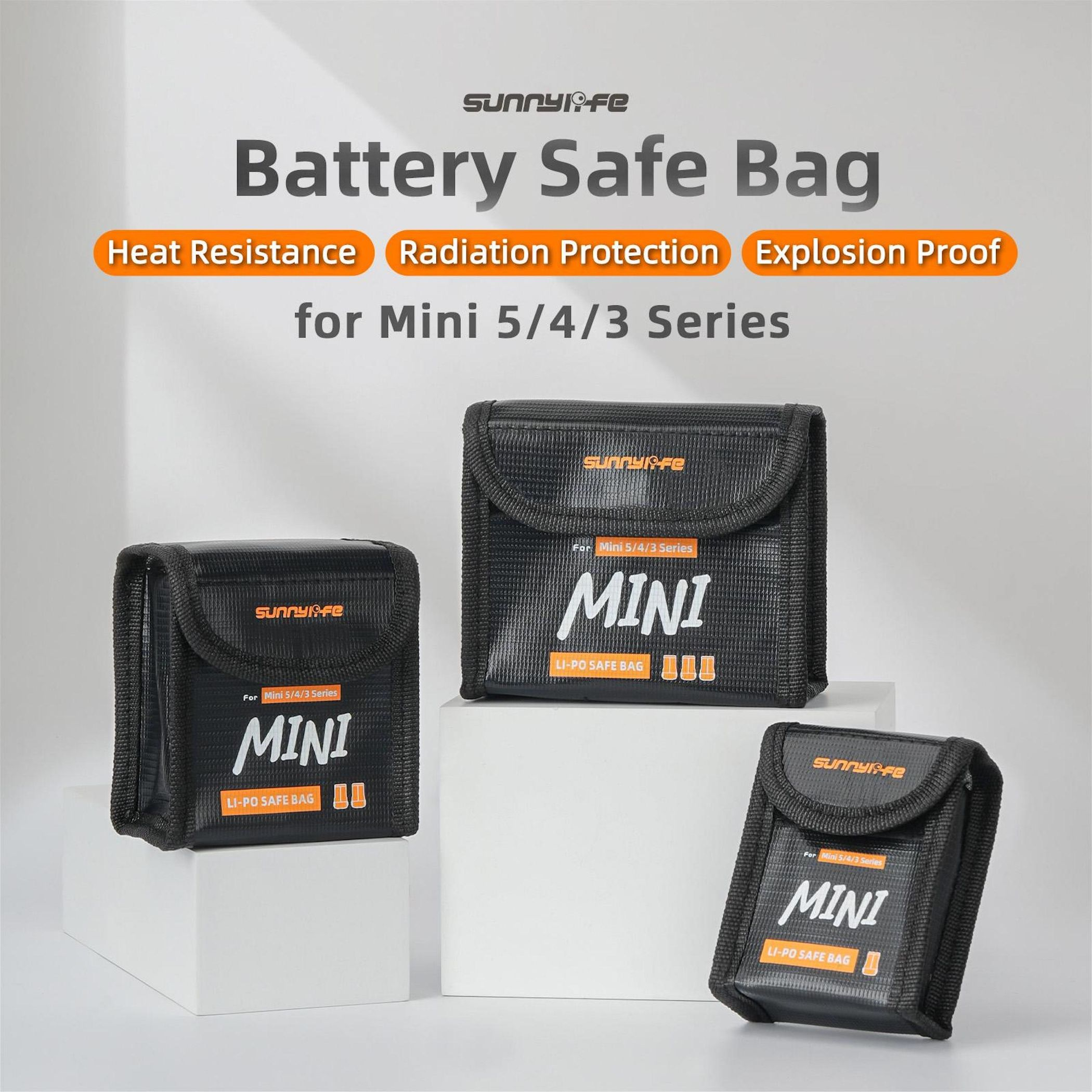 Drei schwarze Li-Po-Sicherheitsbeutel für Mini 5/4/3-Serien-Akkus.