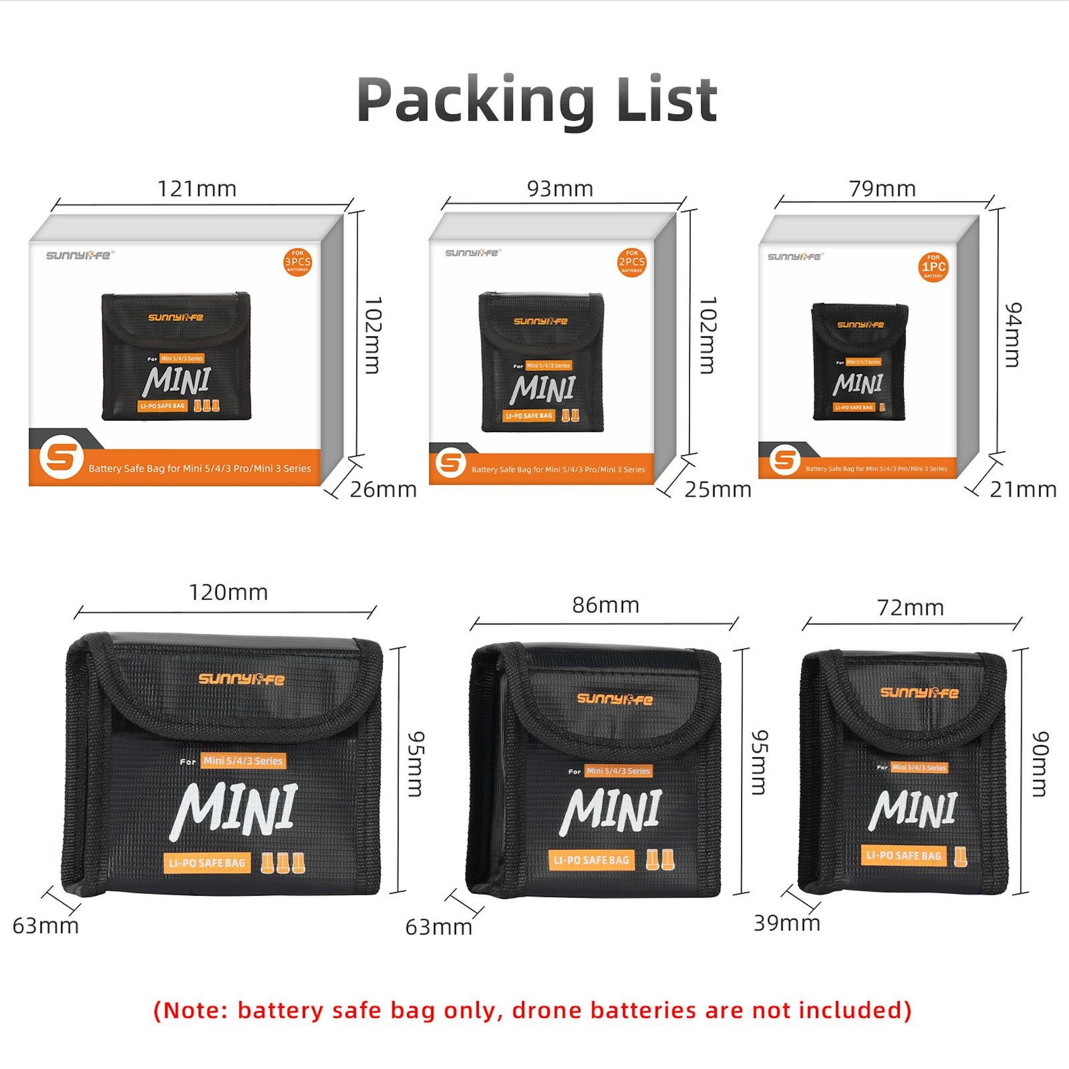 Verpackungsliste mit drei Li-Po-Sicherheitstaschen für Mini-Drohnenbatterien.