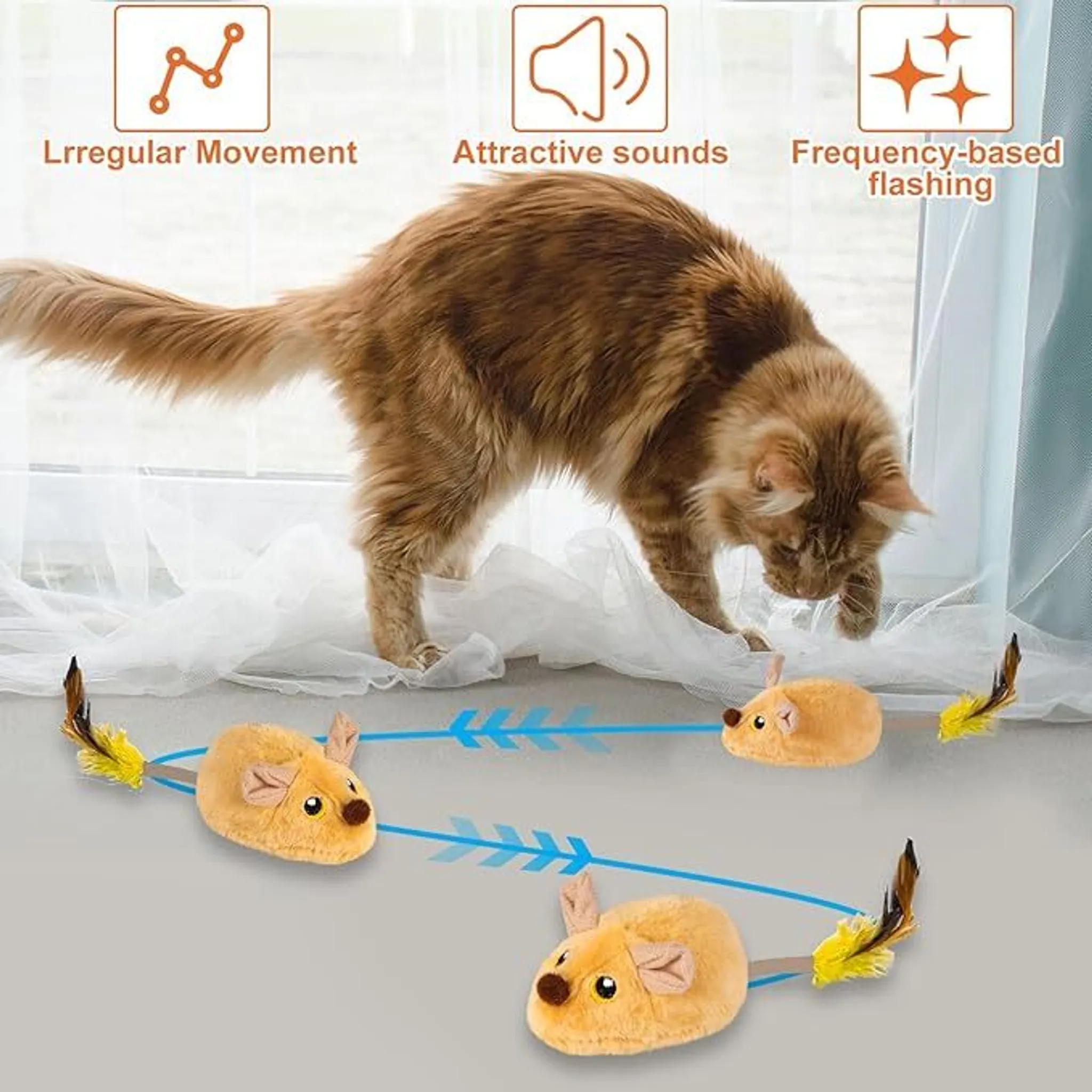 Eine Katze jagt pelzige Spielzeugmäuse mit Federn, die auf einem Boden liegen.