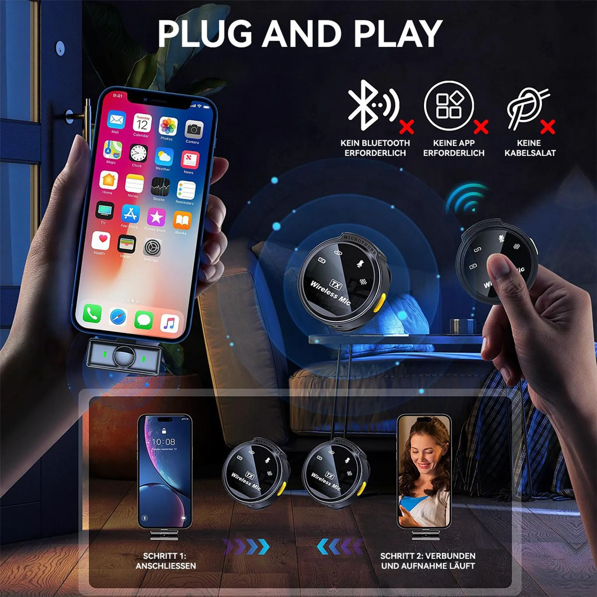 Demonstration eines drahtlosen Mikrofons mit iPhone, das "Plug and Play" bewirbt.
