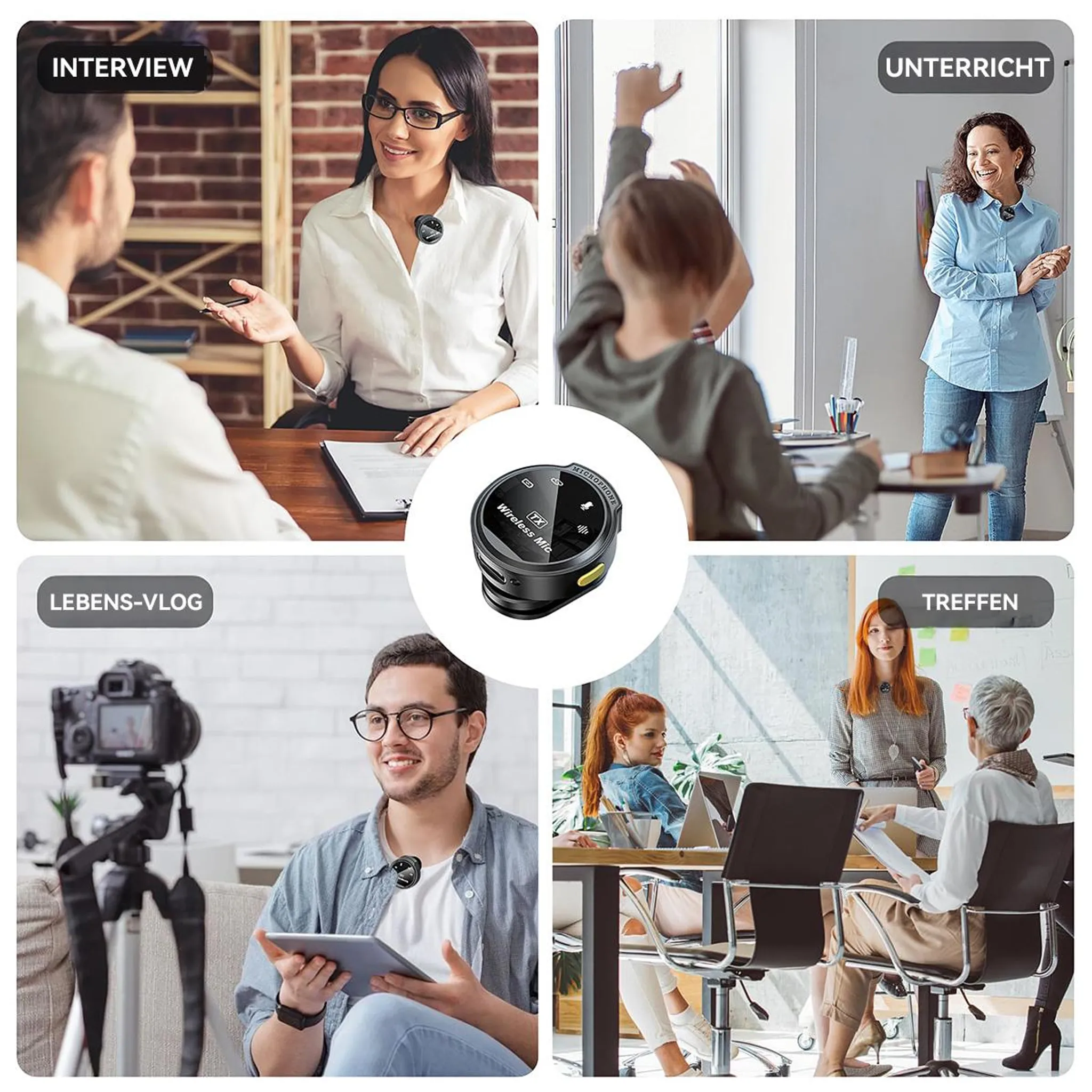 Vier Szenen zeigen Produktnutzung: Interview, Unterricht, Vlogging und Treffen.