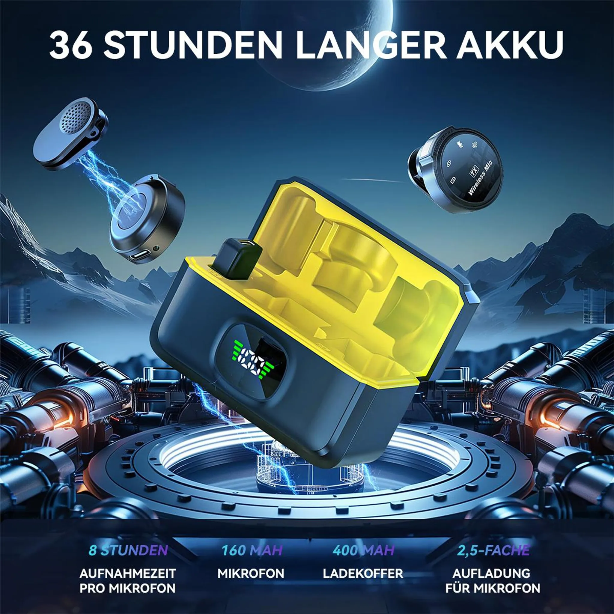 Drahtlose Mikrofone mit Ladecase und 36h Akku. Technische Details werden angezeigt.