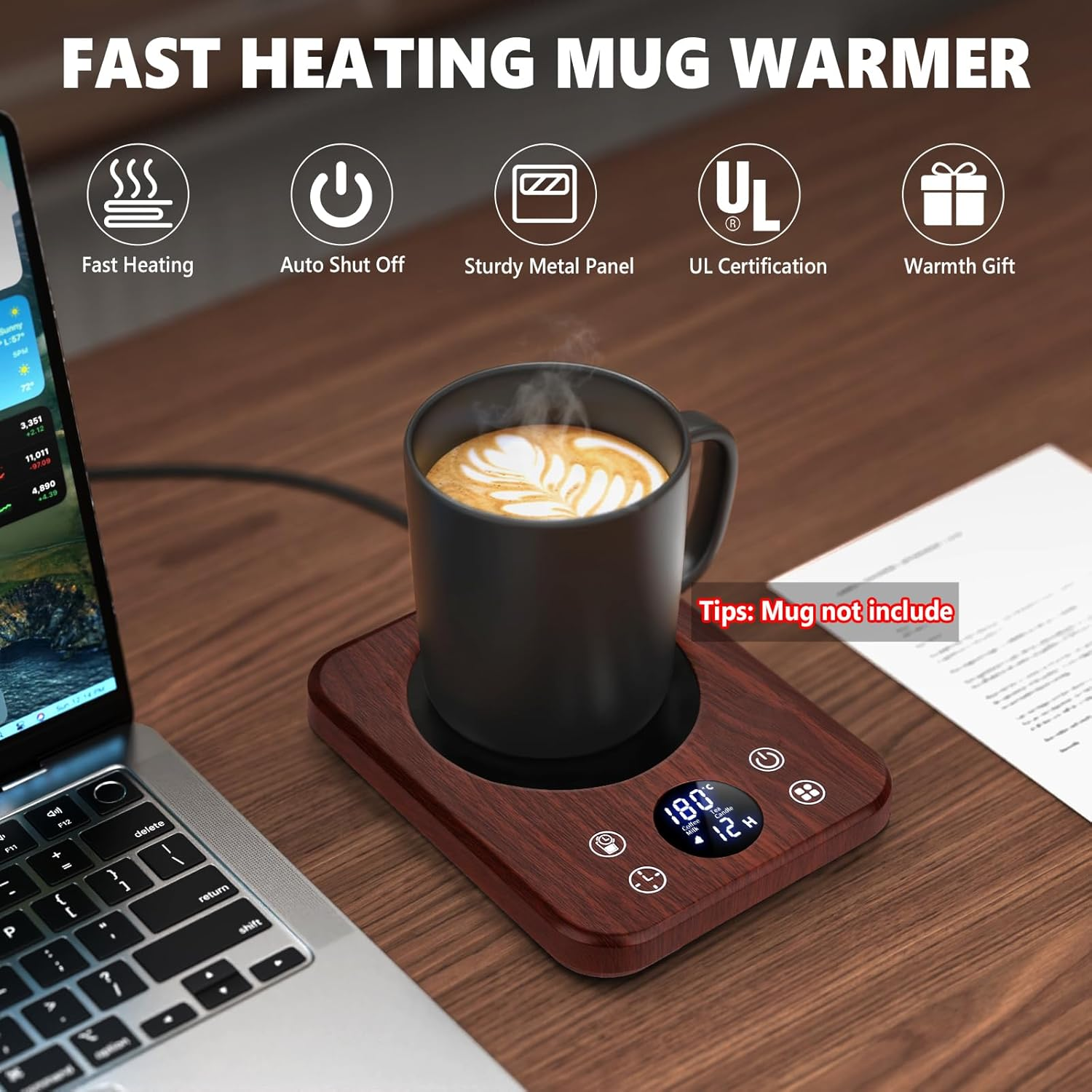 Holz-Tassenwärmer mit schwarzer Tasse, Laptop daneben. Schnelles Aufheizen.