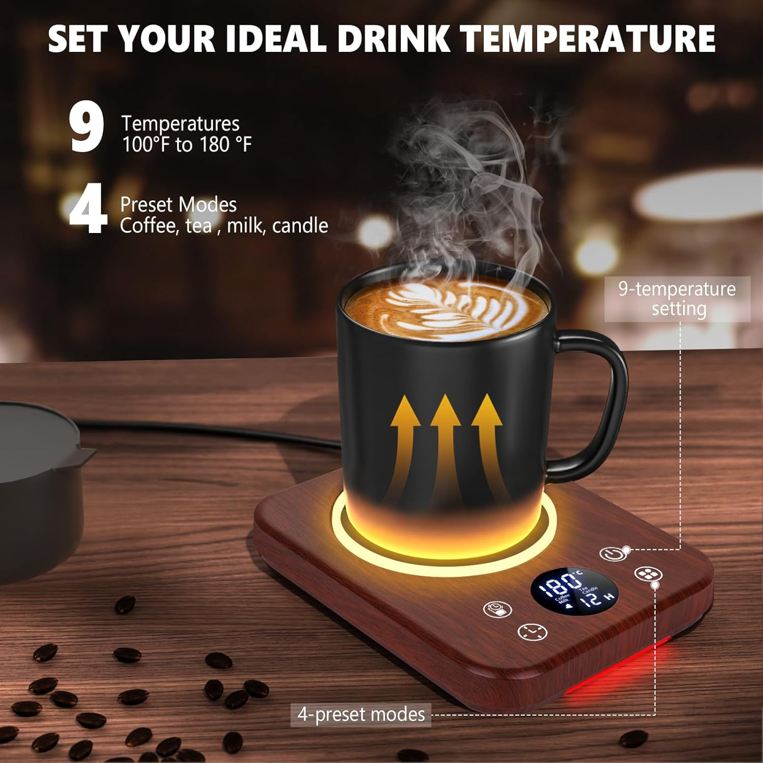 Eine Tasse Kaffee auf einer Heizplatte mit digitaler Anzeige und Tasten.