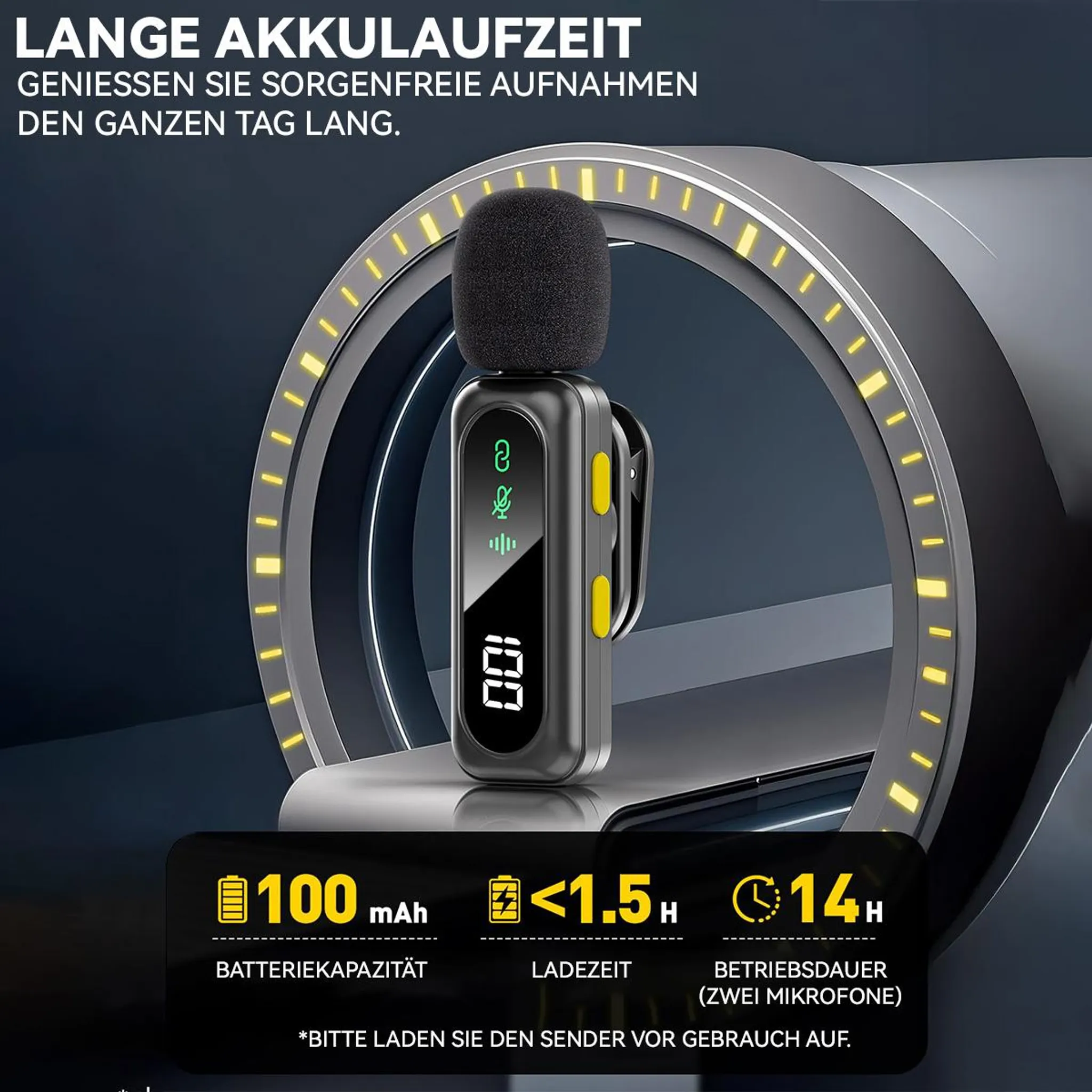 Ein schwarzes Mikrofon mit Display, das 100 mAh Akkukapazität anzeigt.