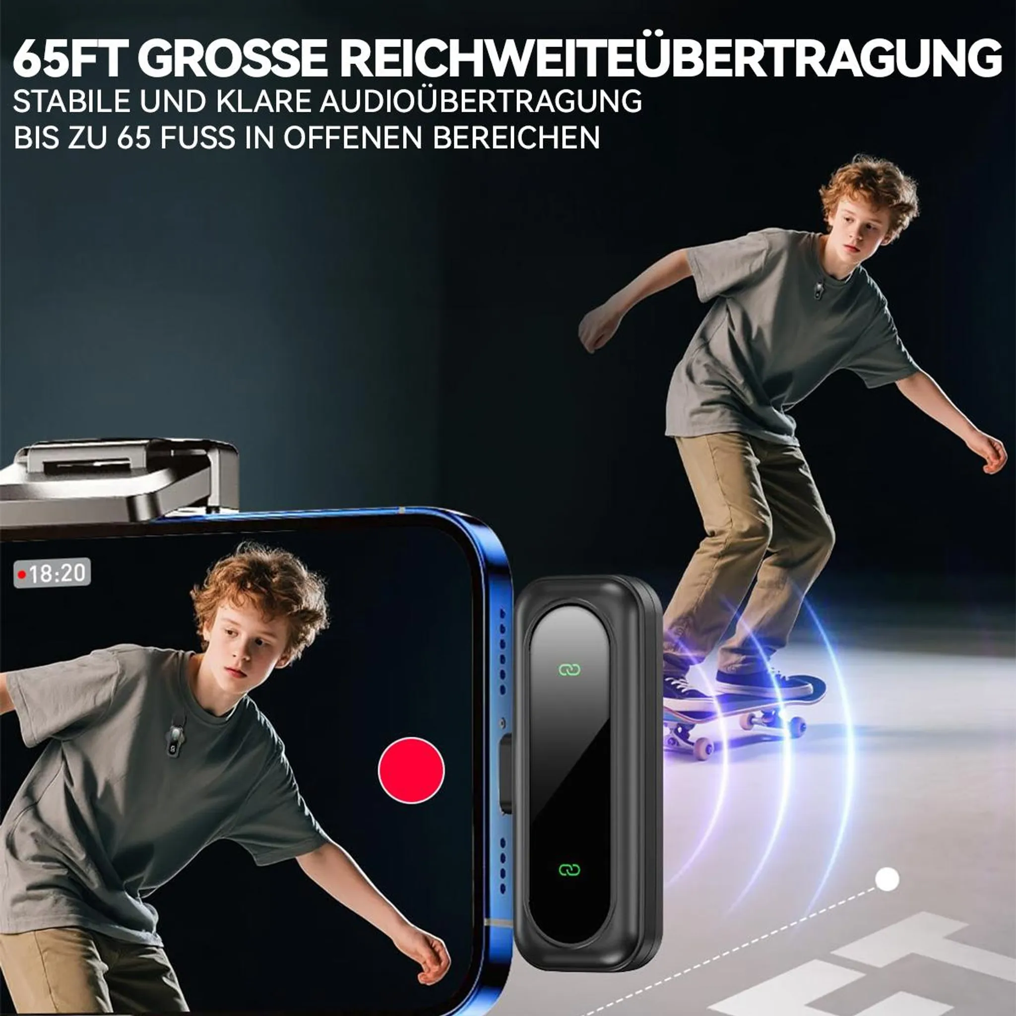 Junge filmt sich beim Skateboarden mit einem Mikrofon und Smartphone.