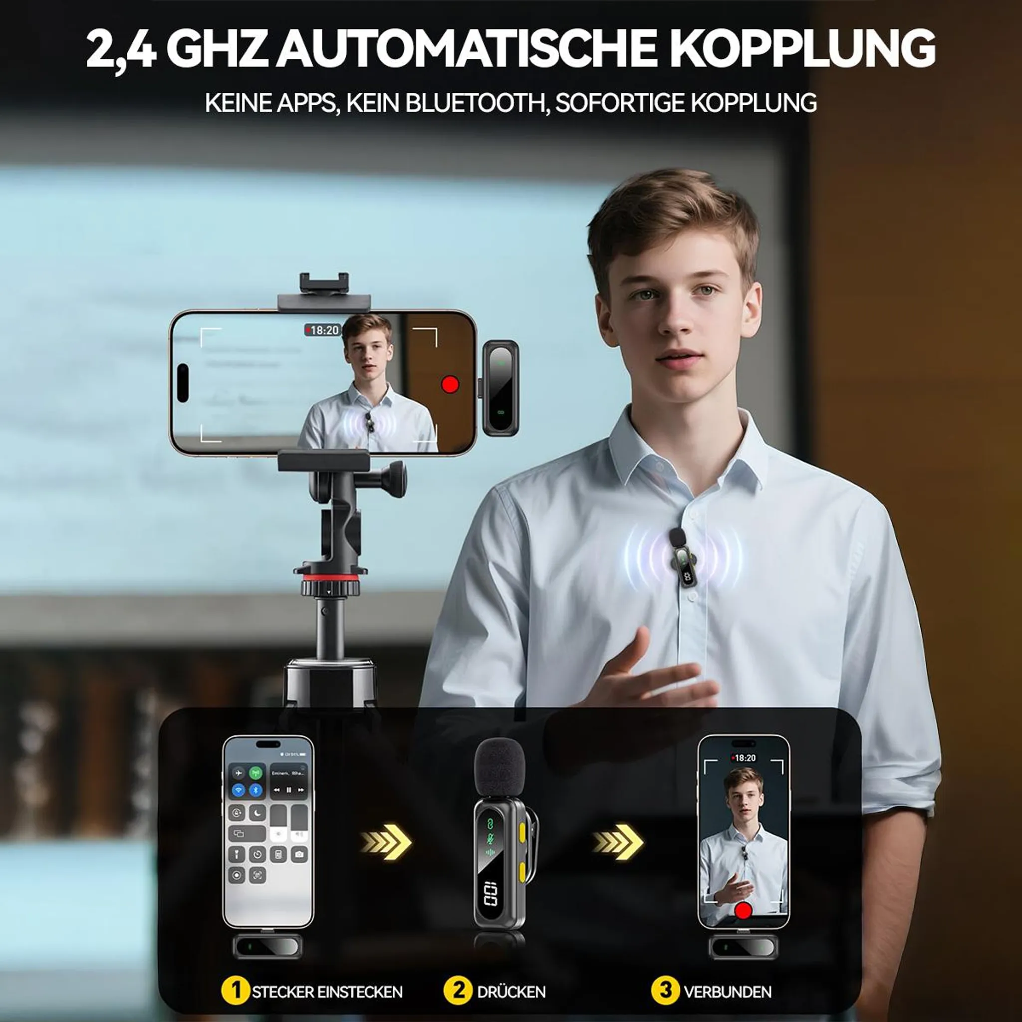 Ein Mann demonstriert ein drahtloses Mikrofon-Setup mit Smartphone und Nachttisch.