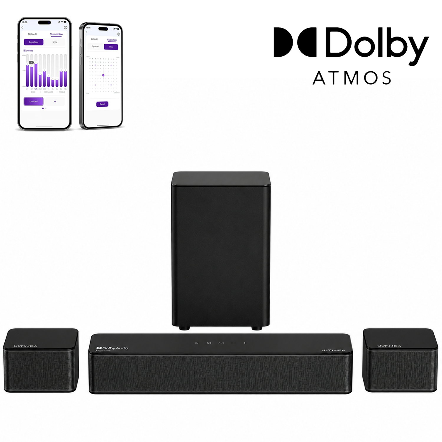 Dolby Atmos-logo boven een zwarte soundbar, subwoofer en twee satellietluidsprekers.
