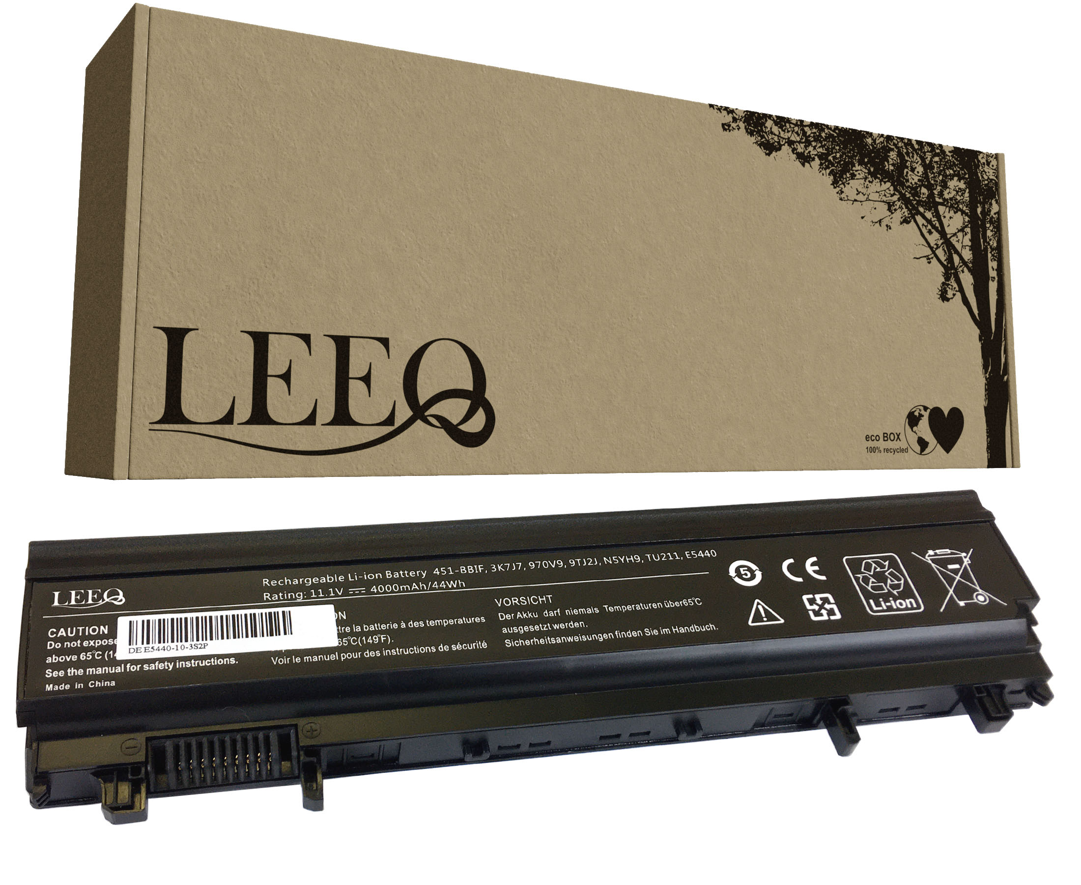 Pudełko LEEQ i bateria do laptopa LEEQ. Bateria jest czarna.