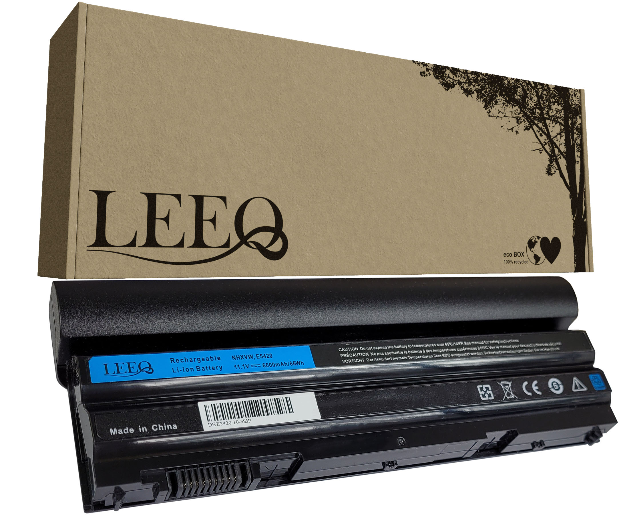 Bateria do laptopa LEEQ 11,1V, 6000mAh i kartonowe pudełko z motywem drzewa.