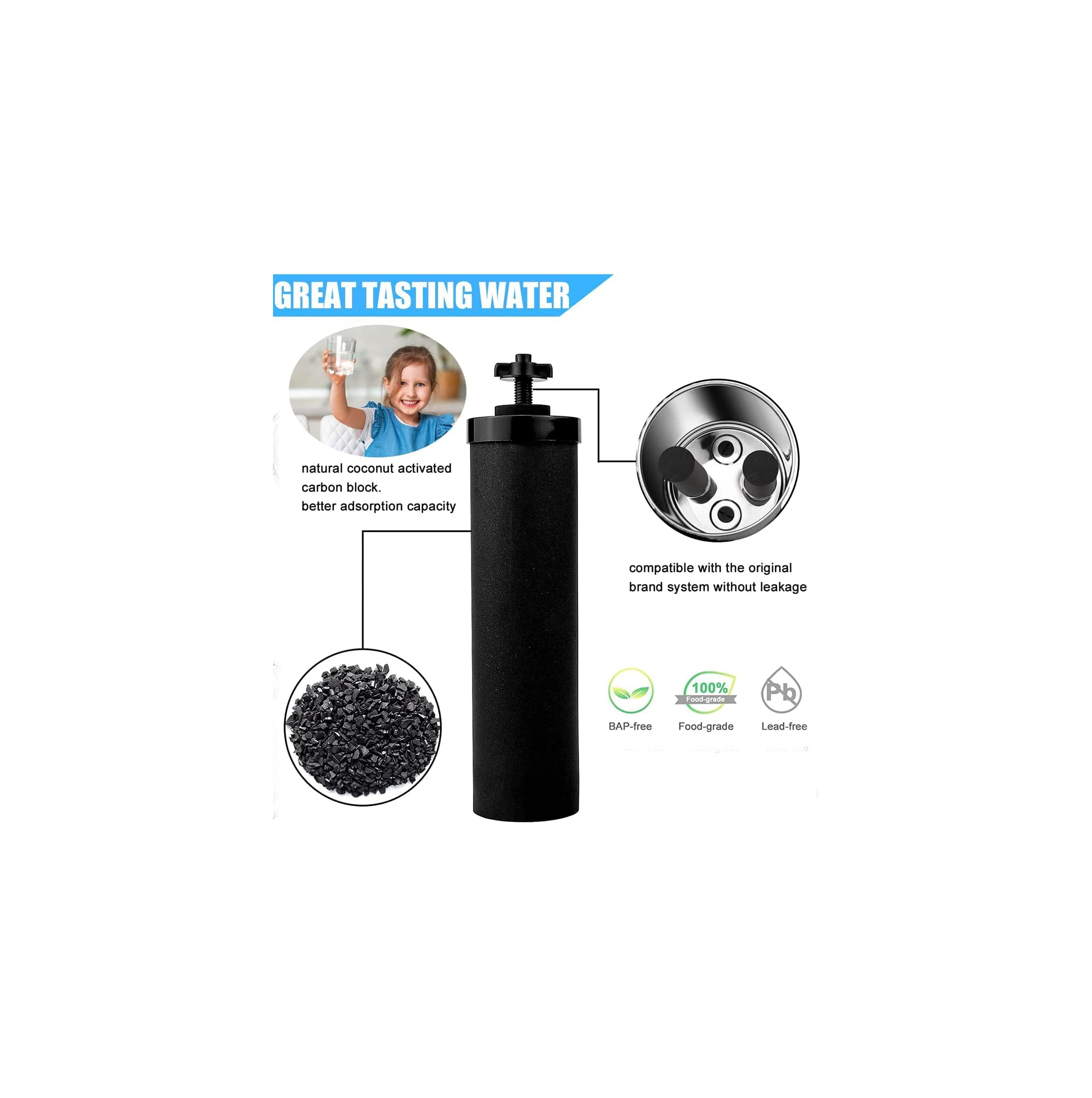 Ein schwarzer Wasserfilter mit Kokosnusskohle, BAP-frei und lebensmittelecht.