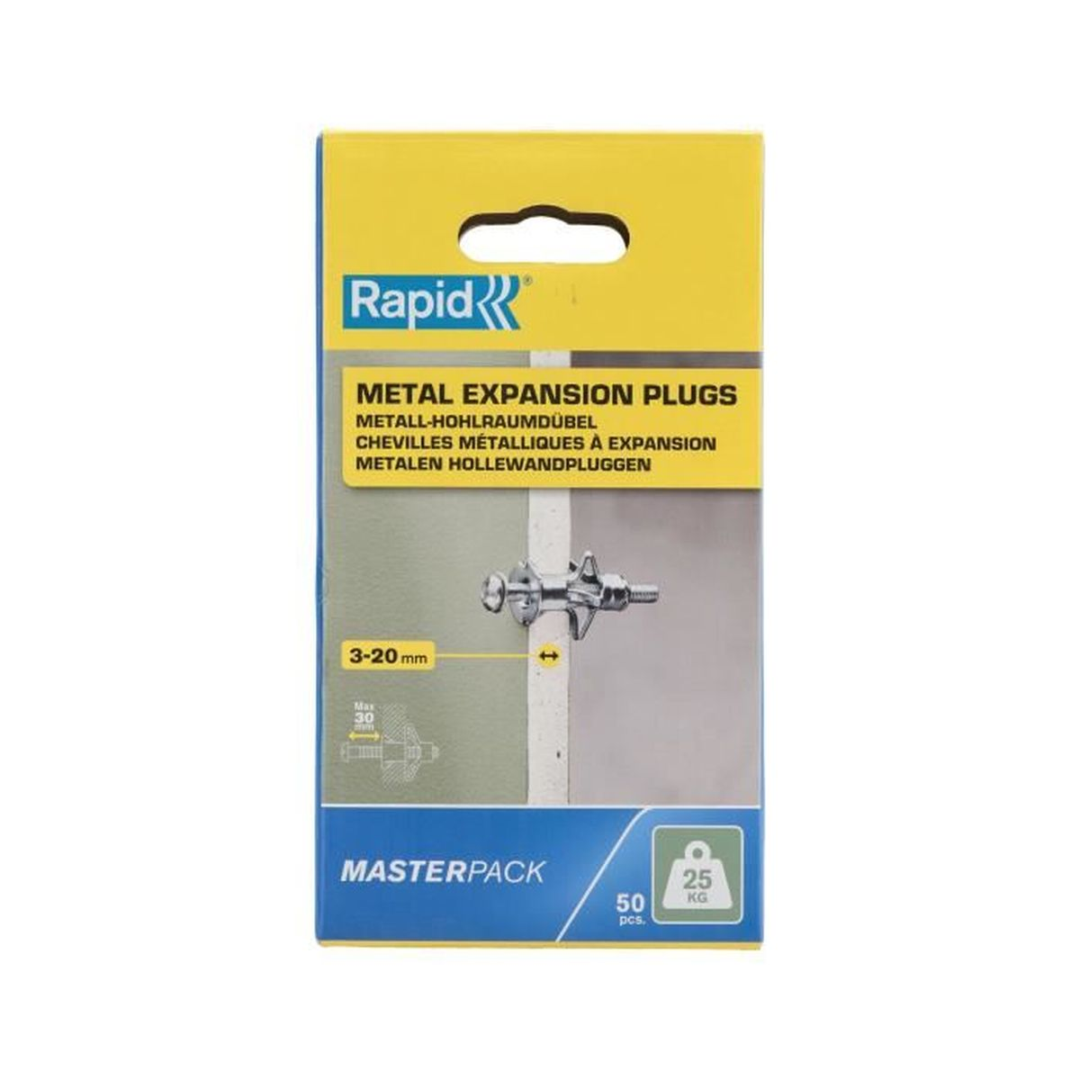 Verpackung für Metall-Hohlraumdübel, 3-20 mm, 50 Stück, 25 kg.