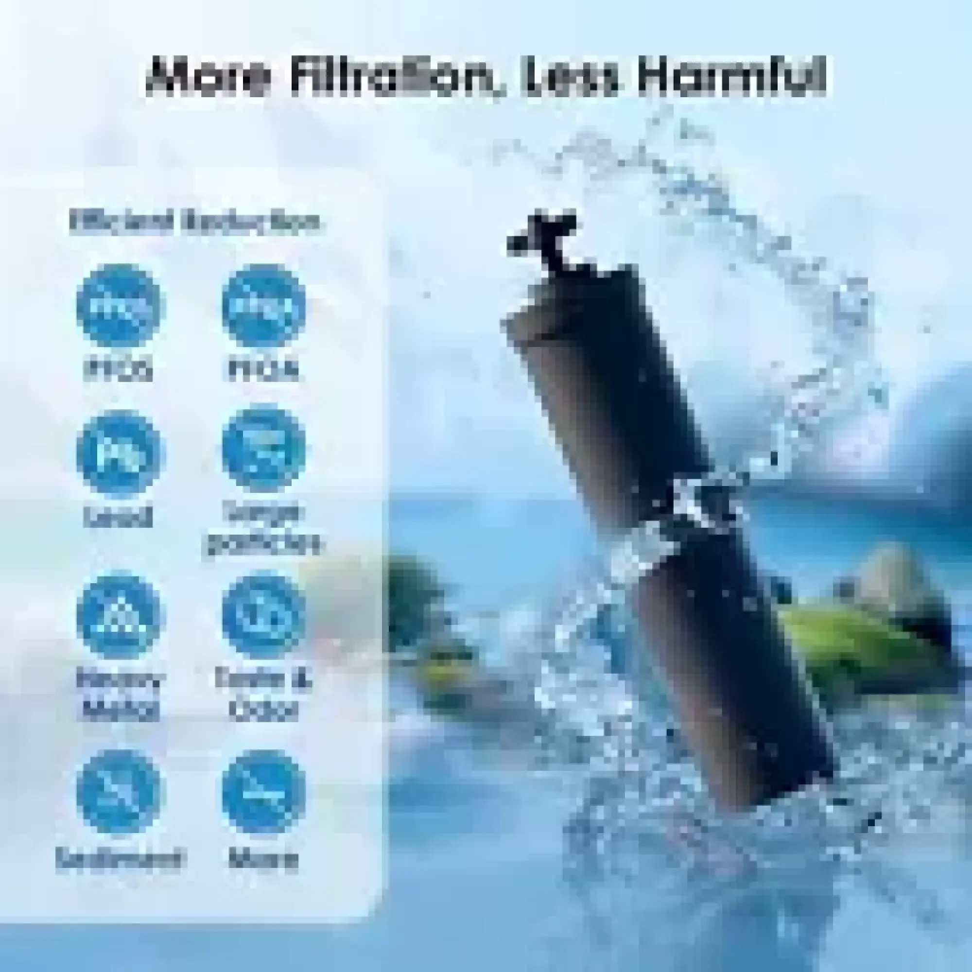 Ein Wasserfilter taucht in spritzendes Wasser ein, daneben sind Icons für PFOS, Blei, Schwermetall, Sediment.
