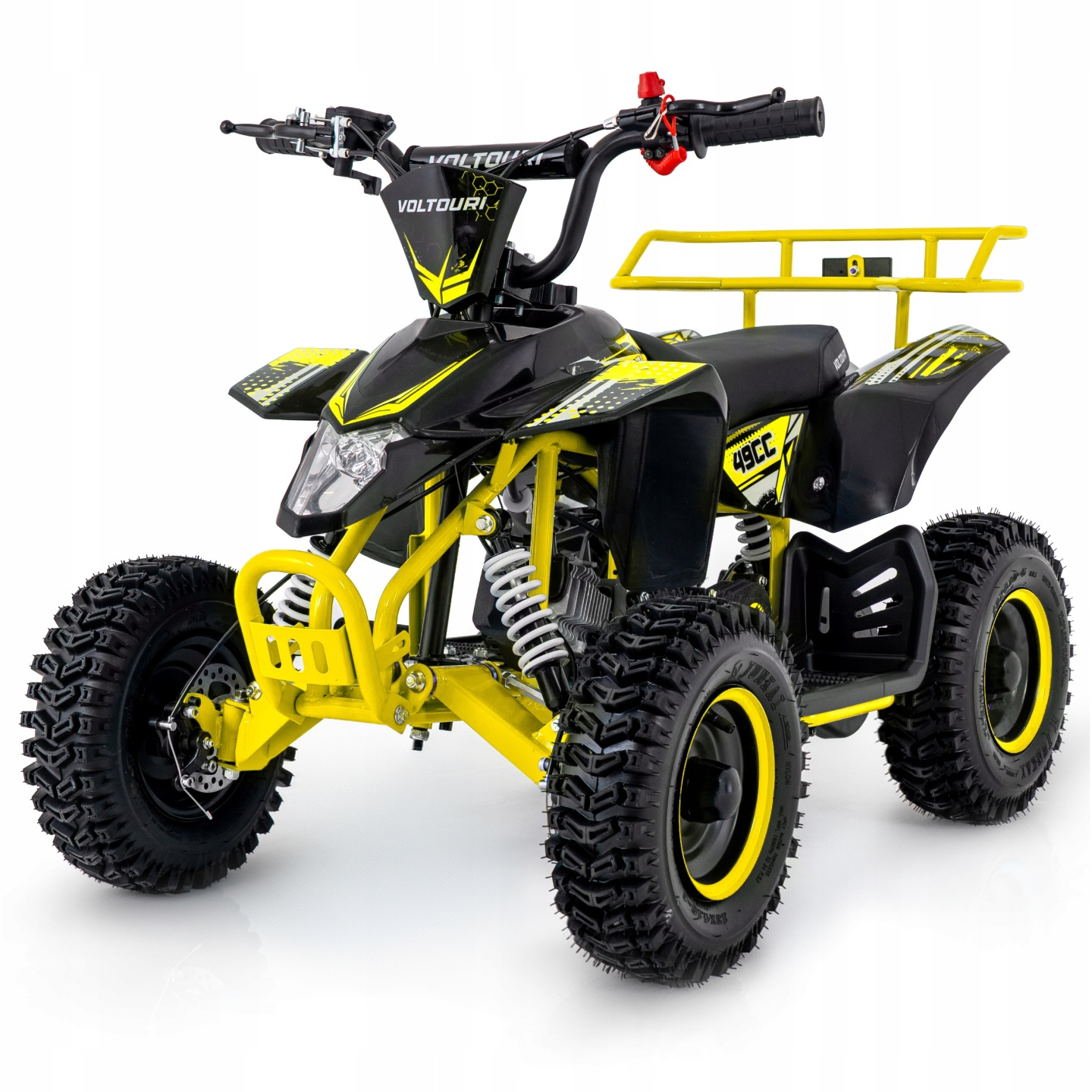Żółto-czarny mini quad z dużymi oponami i amortyzacją.