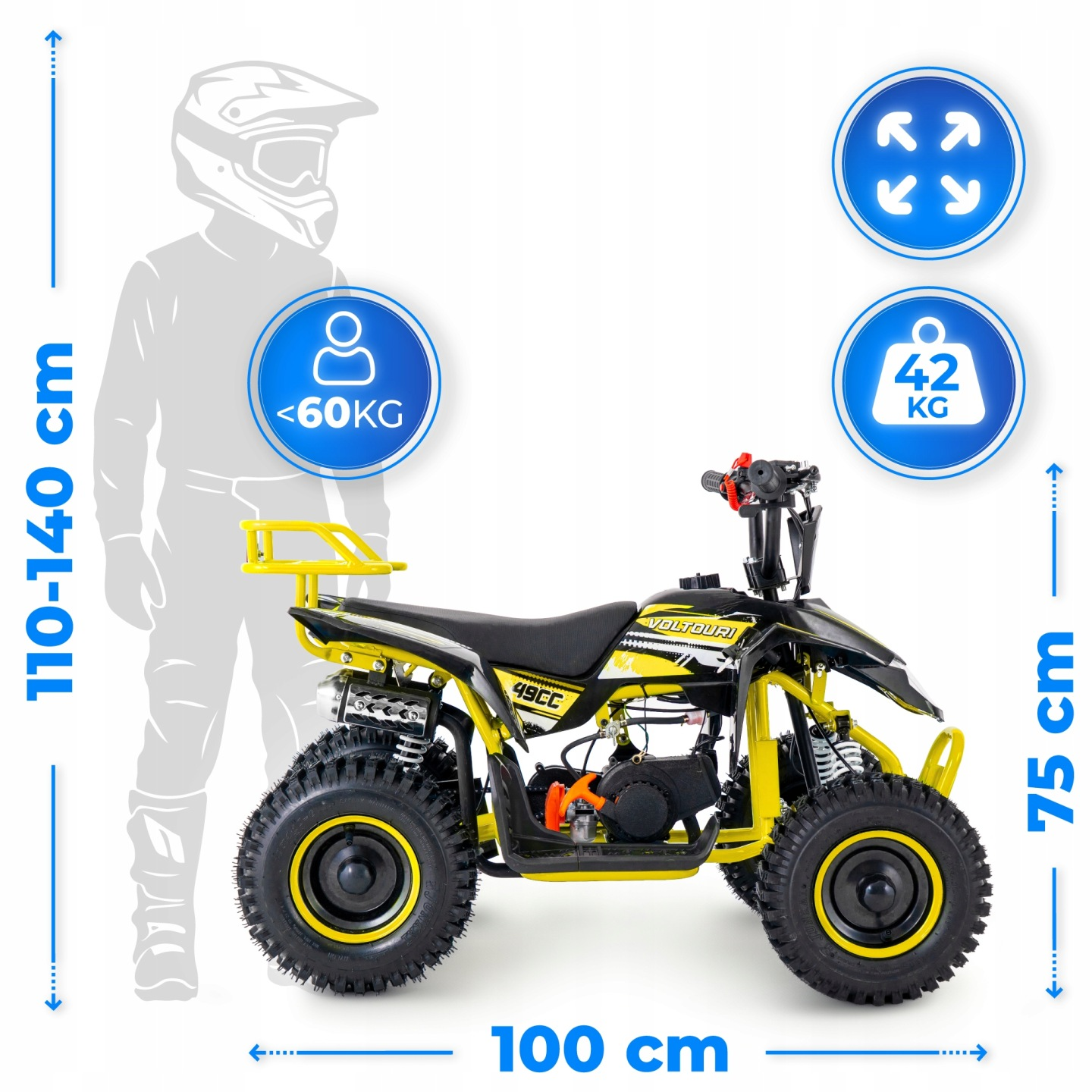 Żółto-czarny quad dla dzieci ze skalą sylwetki kierowcy. Max 42kg.