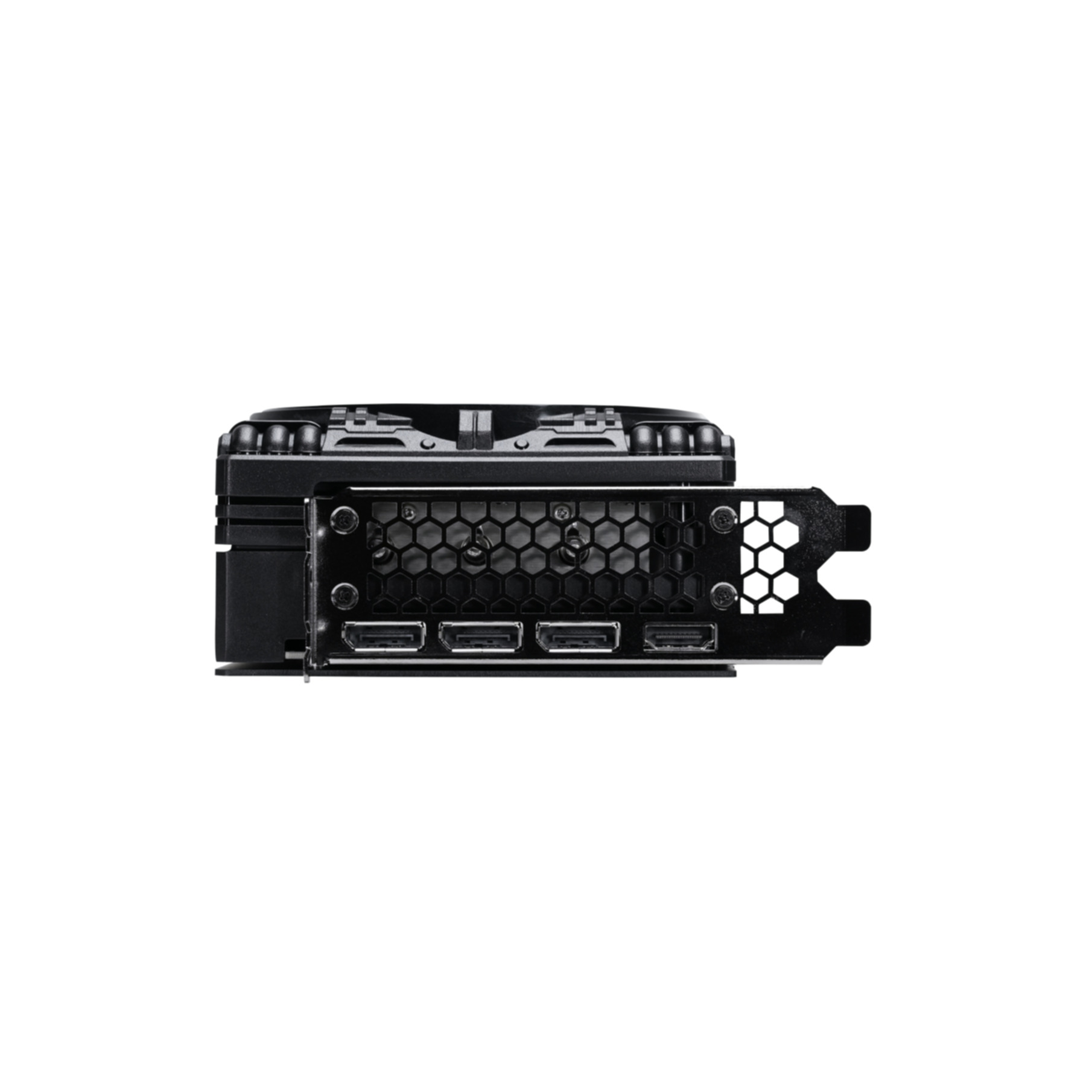 Schwarze Grafikkarte mit drei HDMI-Anschlüssen und einem DisplayPort.