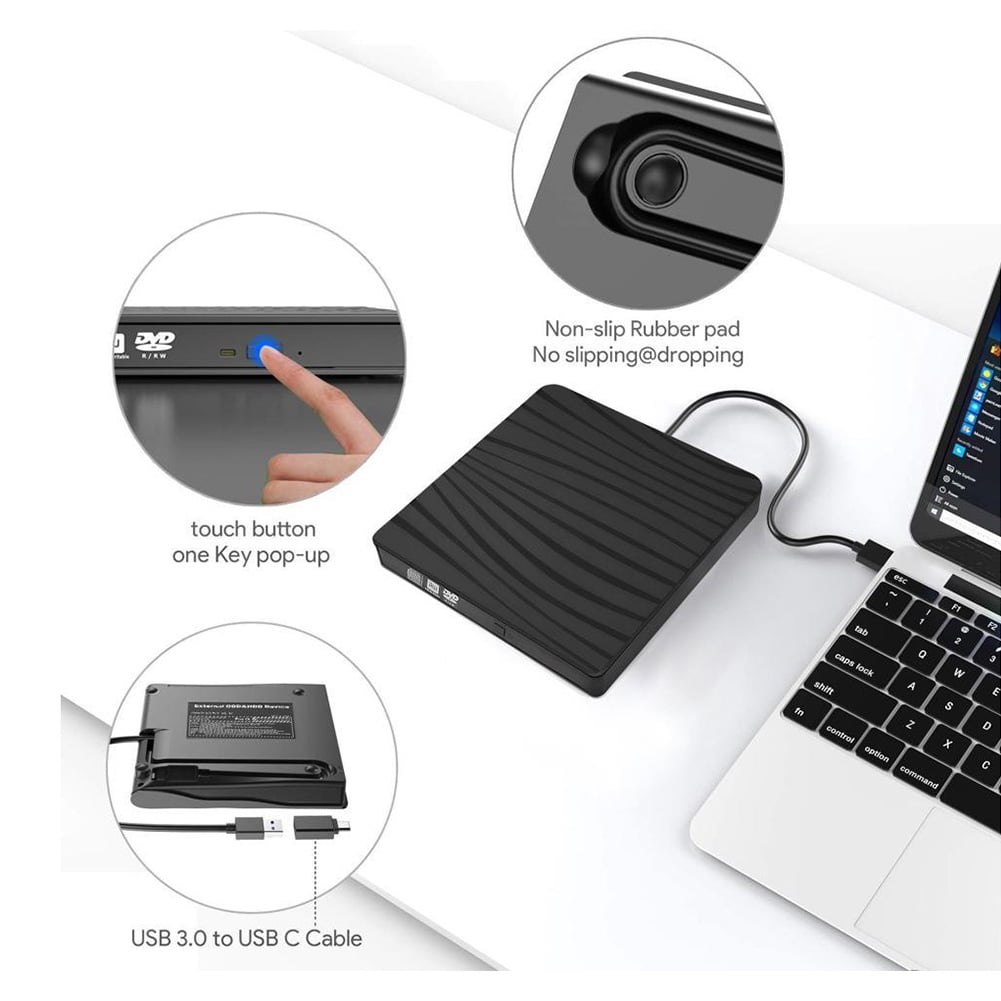 Schwarzer externer DVD-Brenner mit USB-C-Kabel, verbunden mit einem Laptop.